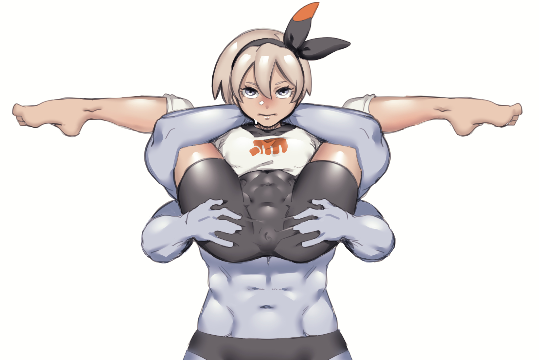 1boy, 1girls, 4 arms, abs, ass, barefoot, bea (pokemon), blonde hair, blush, bodysuit, breasts, cameltoe, clothed, dark skin, dark-skinned female, eye contact, feet, female, full nelson, grey skin, hairband, holding, human, interspecies, larger male, legs up, looking at viewer, machamp, male, multi arm, multi limb, muscular, muscular female, muscular male, nintendo, pokemon, pokemon (species), pokemon rgby, pokemon ss, pokephilia, pussy, shirt, short hair, size difference, skin tight, small breasts, smaller female, soles, spread ass, spread legs, spread pussy, spread pussy under clothes, standing, toes, topless, white background, wide hips