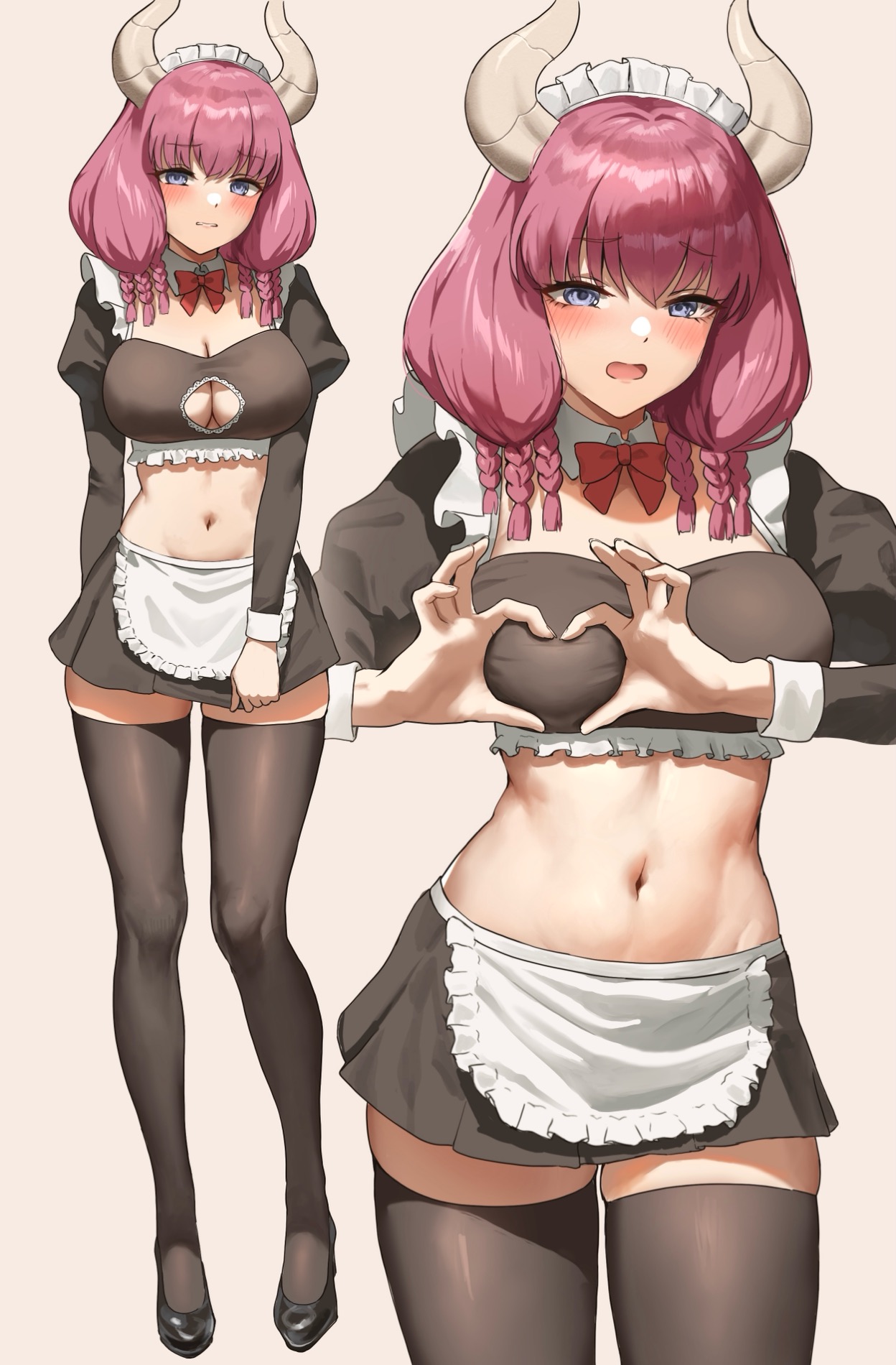 1girls, adjusting clothes, anteiru, anteiru3939, apron, aura (sousou no frieren), bare midriff, big breasts, blue eyes, boob window, braid, braided hair, breasts, cleavage, cleavage cutout, clothing cutout, demon, demon girl, demon horns, embarrassed, female, female only, fit female, heart symbol, horns, large breasts, light skin, light-skinned female, long hair, looking at viewer, magenta hair, maid, maid apron, maid bikini, maid headdress, maid outfit, maid uniform, midriff, miniskirt, navel, open mouth, pink hair, puffy sleeves, revealing clothes, short skirt, simple background, skimpy, skimpy clothes, skimpy skirt, skirt, slim waist, sousou no frieren, thighhighs, trying to cover up, tugging clothing, uniform, wide hips