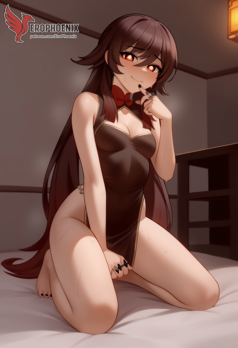 1girls 2d ai_generated ass barefeet big_ass breasts cleavage erophoenix feet female female_focus full_body genshin_impact hu_tao_(genshin_impact) long_hair looking_at_viewer orange_eyes patreon_username small_breasts solo solo_female sweat thick thick_thighs toes uncensored