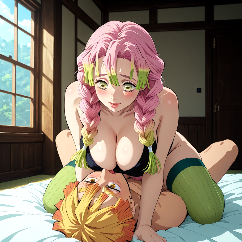 1boy 1girls breasts breasts_focus breasts_out breasts_squeezed_together grabbing kanroji_mitsuri_(cosplay) zenitsu_agatsuma