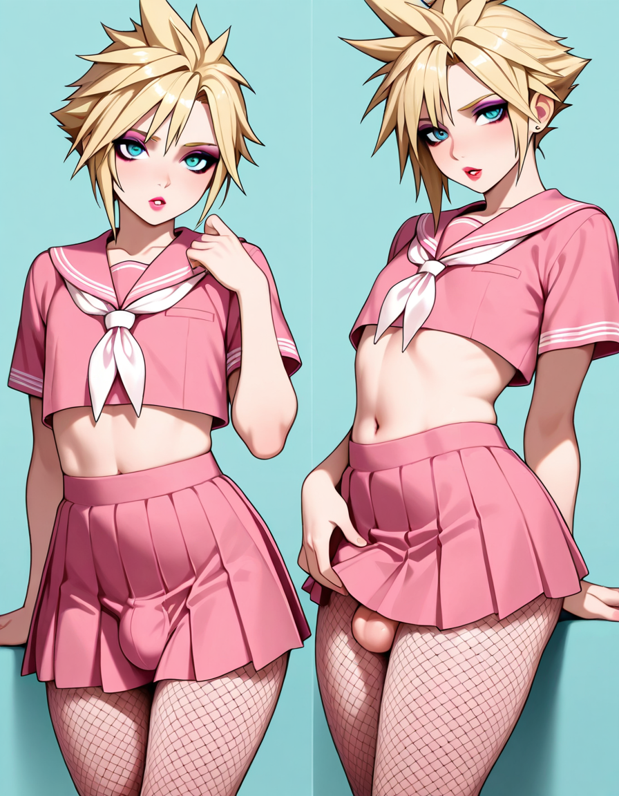 ai_generated cloud_strife eyeshadow femboy fishnets lipstick lolipop makeup pantyhose serafuku testicles
