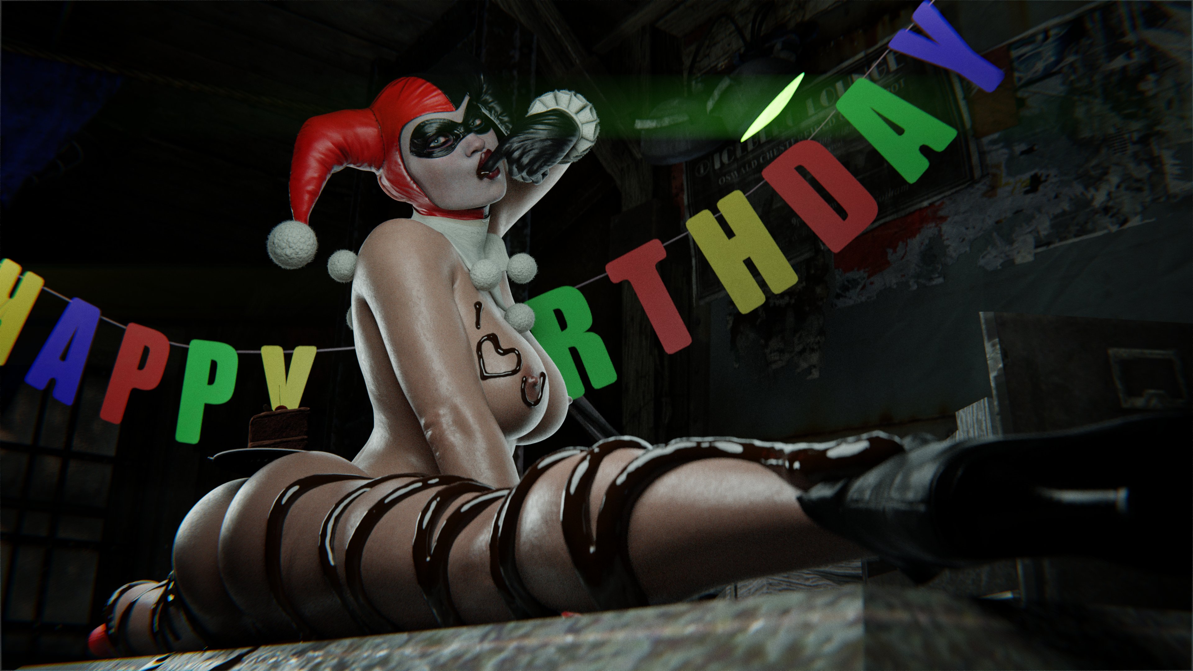 1girls, 3d, absurd res, areolae, ass, bare shoulders, batman (series), big ass, big breasts, birthday, blue eyes, boots, breasts, cake, cherry, chocolate, chocolate heart, chocolate on body, chocolate on breasts, clothing, curvy, dc, dc comics, domino mask, erect nipples, eyelashes, eyeshadow, female, female focus, female only, finger in mouth, food, food on body, food play, functionally nude, gloves, happy birthday, harley quinn, harley quinn (classic), harley quinn (injustice), heart, high heel boots, high heels, human, i love you, indoors, injustice 2, jester, jester hat, large ass, large breasts, lips, lipstick, long legs, looking to the side, makeup, netherrealm studios, night, nipples, nsmonitafw, pinup, plate, pose, red lipstick, shiny skin, sitting, sitting on table, solo, solo female, splits, table, thick lips, voluptuous