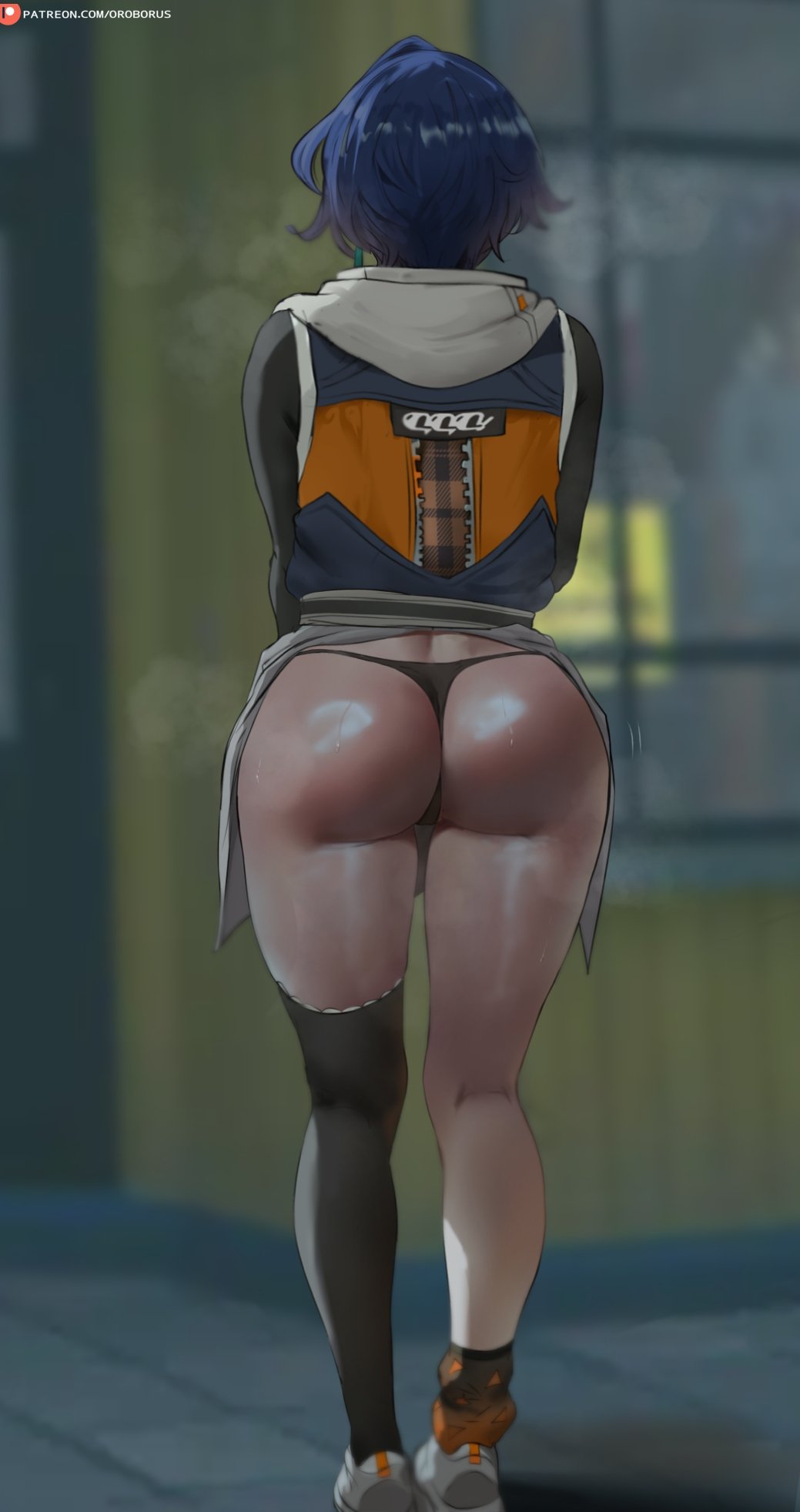 1girls, absurd res, ass, belle (zenless zone zero), big ass, big thighs, blue hair, clothed, clothing, female, fully clothed, hair, highres, huge ass, huge thighs, inner thighs, oroborusart, panties, pantylines, pussy, sweat, sweatdrop, sweating, thick thighs, thighs, thighs together, zenless zone zero