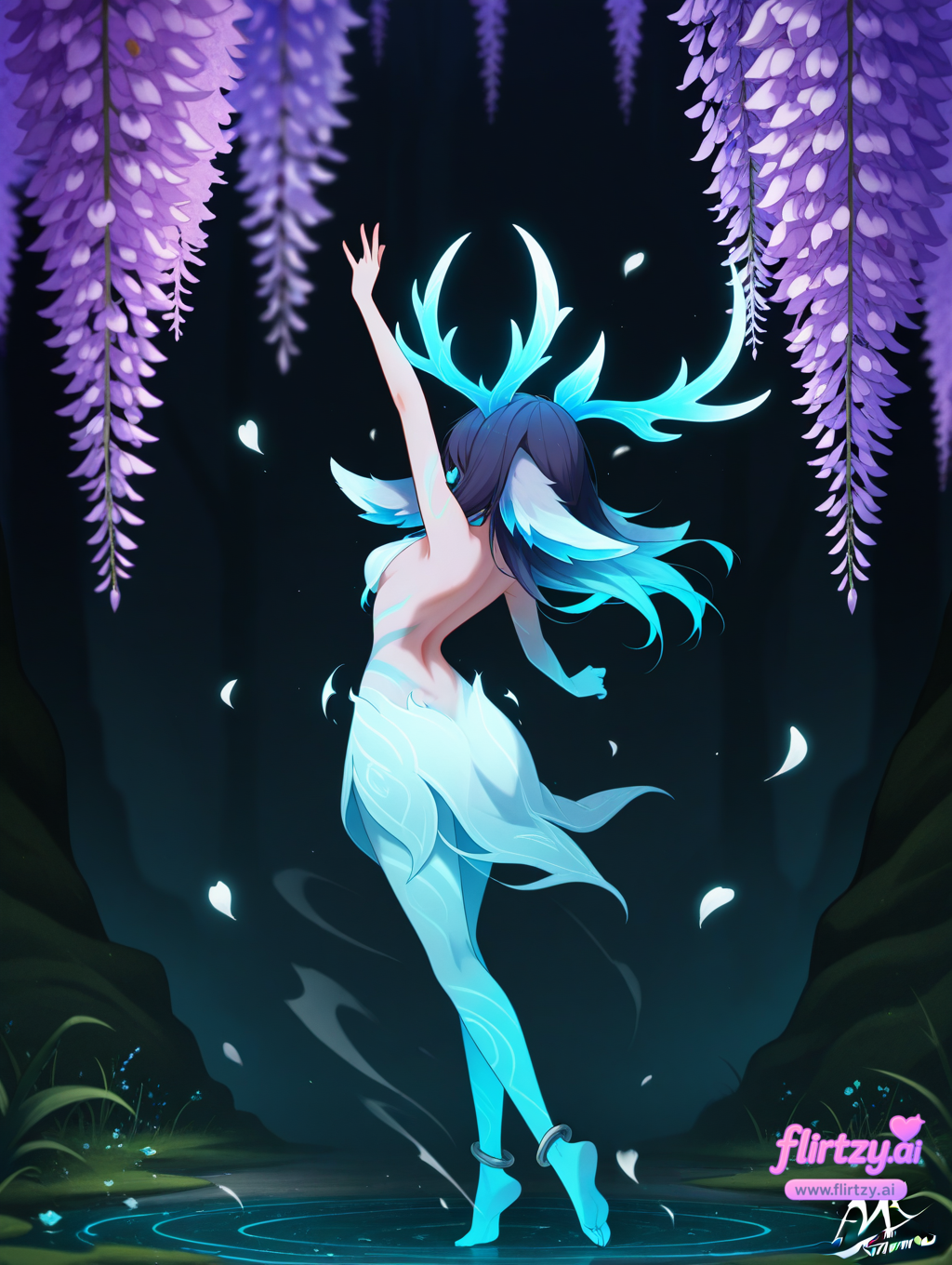 ai_assisted ai_generated aqua_hair artist_name blue_hair breasts coral dated female field flirtzy.ai floating_hair flower from_behind hydrangea leaf league_of_legends lillia_(league_of_legends) long_hair lotus medium_breasts nude petals petals_on_liquid purple_flower purple_rose riot_games signature solo water wind wisteria