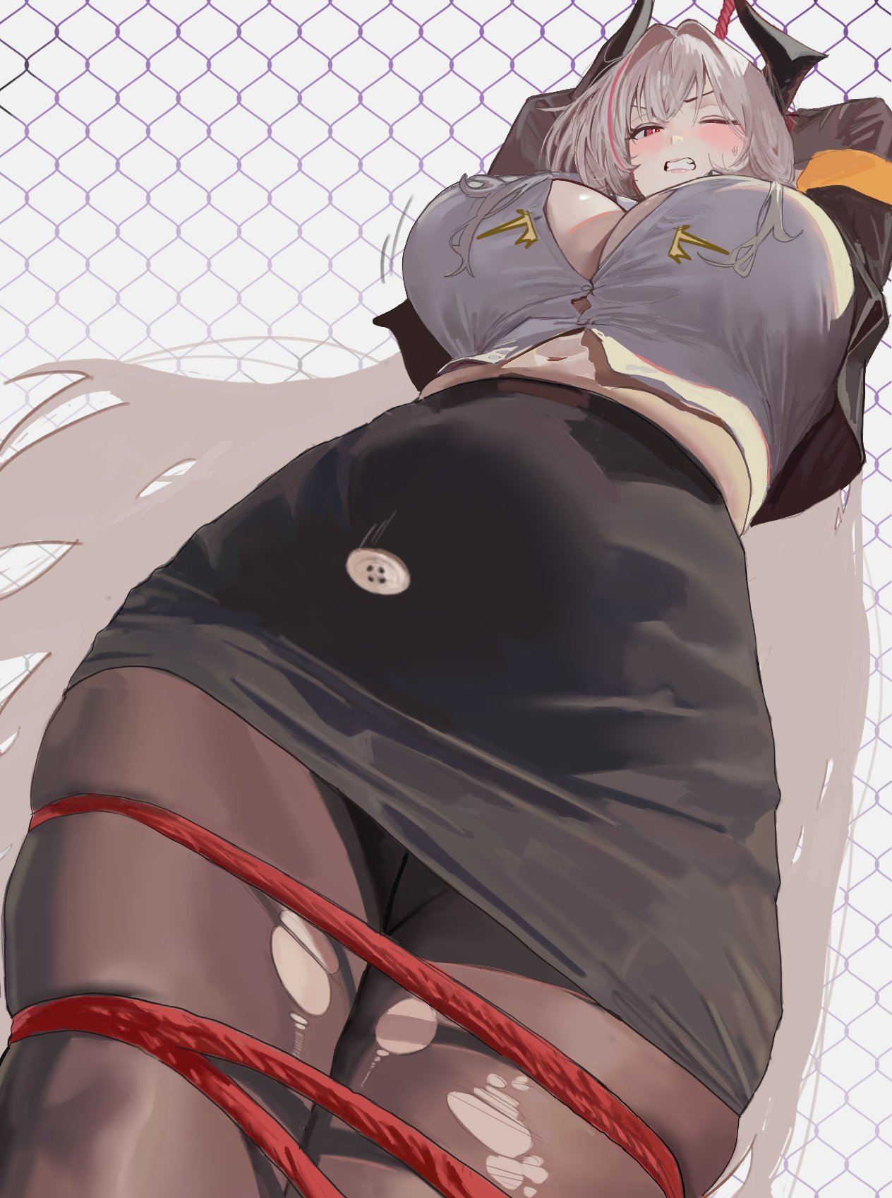 admiral zenker (azur lane), admiral zenker (fun with... interrogations?) (azur lane), azur lane, below view, big breasts, breasts, button eyes, cleavage, clenched teeth, female, hintobento, huge breasts, one eye closed, panties, pantyhose, pencil skirt, skindentation, skirt, tied, tied up, torn legwear, torn pantyhose, upskirt