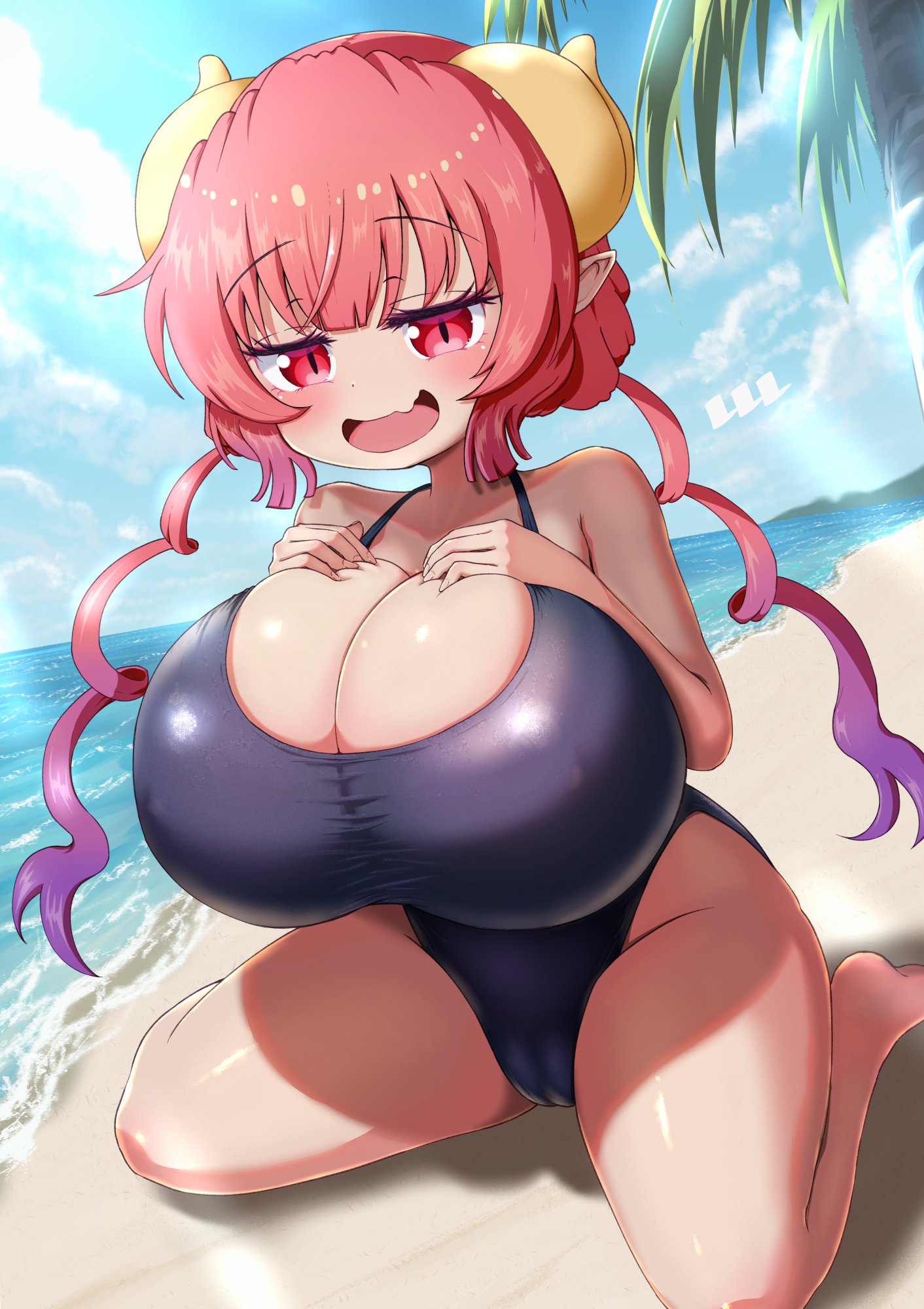 beach, blush, cameltoe, cleavage, collarbone, dutch angle, gigantic breasts, hands on breasts, high-angle view, ilulu (dragon maid), ilulu (maidragon), kobayashi-san chi no maidragon, legs apart, miss kobayashi's dragon maid, naughty smile, one-piece swimsuit, open mouth, ozrereresan, round breasts, shortstack, skin fang, thick thighs, wariza, wide hips