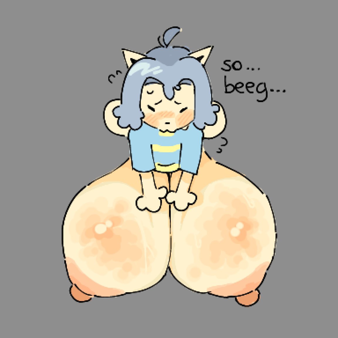 1:1, anthro, areola, big areola, big breasts, big nipples, blush, bodily fluids, breasts, closed eyes, embarrassed, female, huge areola, huge breasts, huge nipples, hyper, hyper breasts, nipples, nucr4r, simple hands, solo, sweat, temmie (undertale), text, undertale, undertale (series)