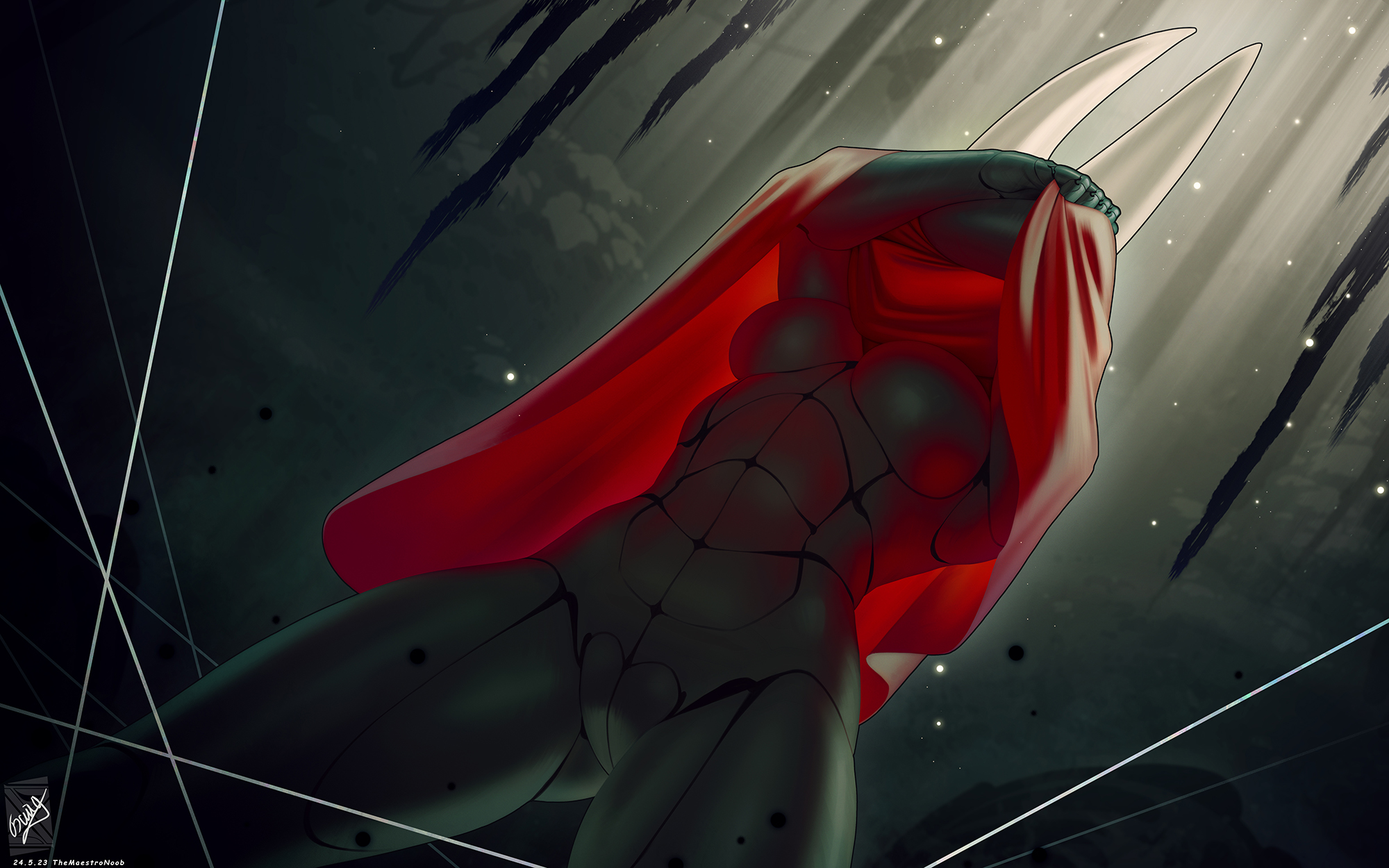 16:10, anthro, arthropod, big breasts, black body, bondage, bound, breasts, cave, cloak, clothed, clothing, female, genitals, hi res, hollow knight, hornet (hollow knight), insects, navel, nipples, pussy, raised clothing, red cloak, red clothing, restraints, rope, rope bondage, rope harness, segmented body, solo, stalactite, team cherry, themaestronoob, thick thighs, white body, wide hips, widescreen