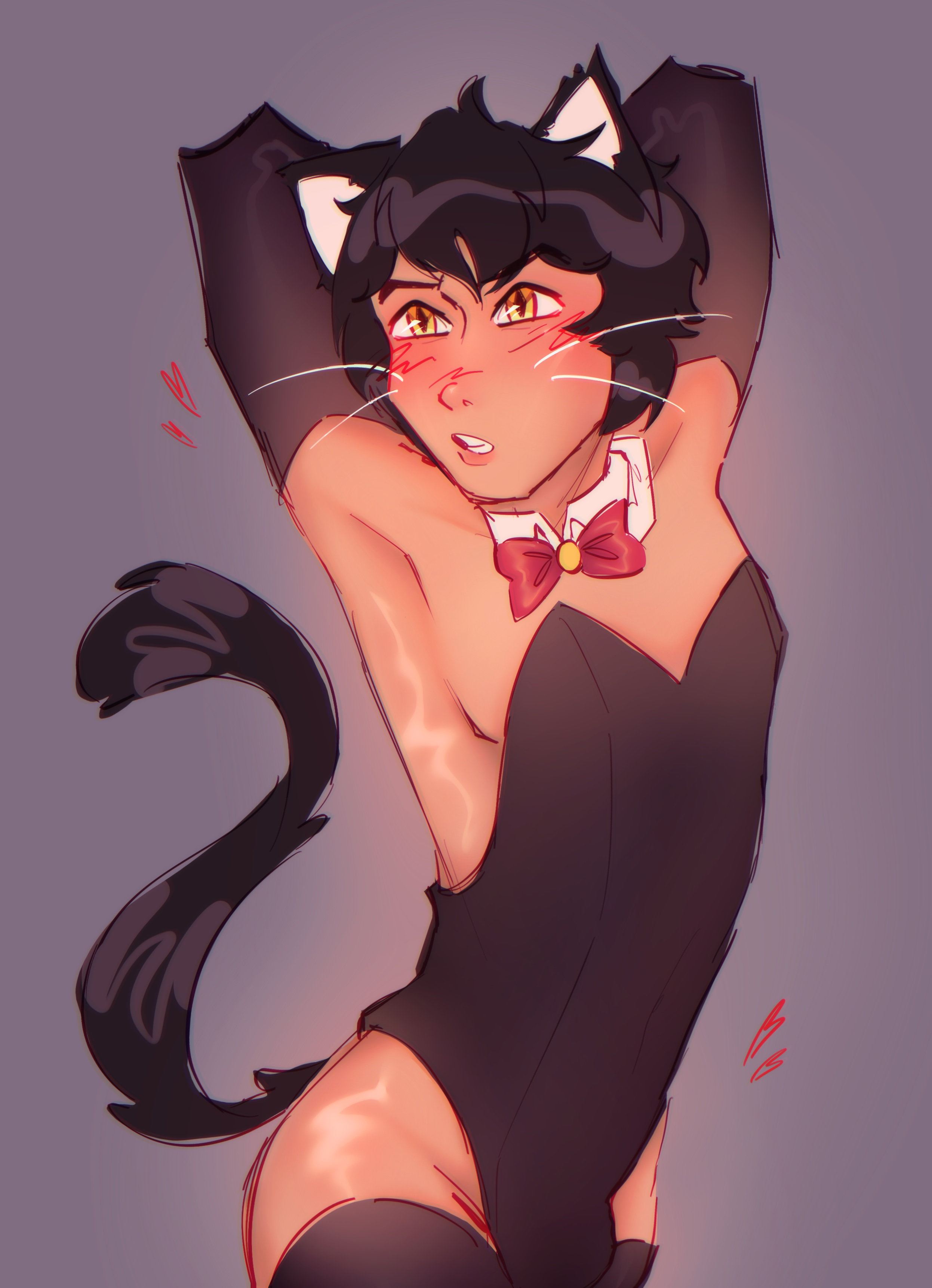 1boy, arms up, black hair, blush, blush lines, bunnysuit, cat boy, cat ears, cat tail, catboy, date everything, gay, hands behind head, heart symbol, hundred gar, male, shiny skin, solo male, tan skin, timothy timepiece (date everything), wrists tied, yellow eyes