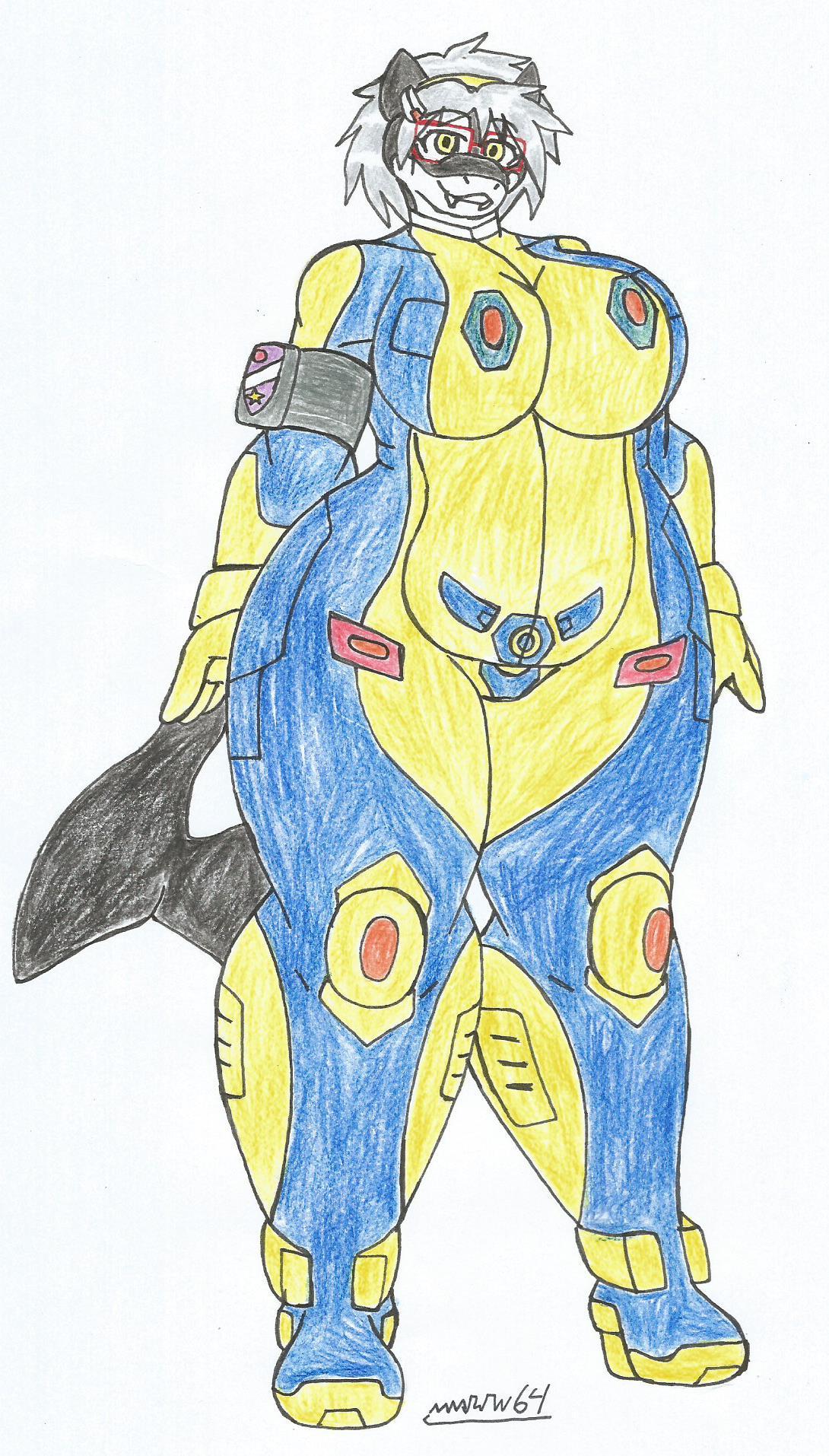 anthro big_breasts big_hips black_body black_skin bodysuit chubby_anthro chubby_female dolores_dizzy_(waifuland) empty_eyes fangs furry glasses glasses_on_face hairbow high_heels looking_at_viewer marlon64 mecha_pilot_suit orca_girl short_hair silver_hair solo_female spiked_hair traditional_drawing_(artwork) waifuland white_background white_body white_skin yellow_eyes