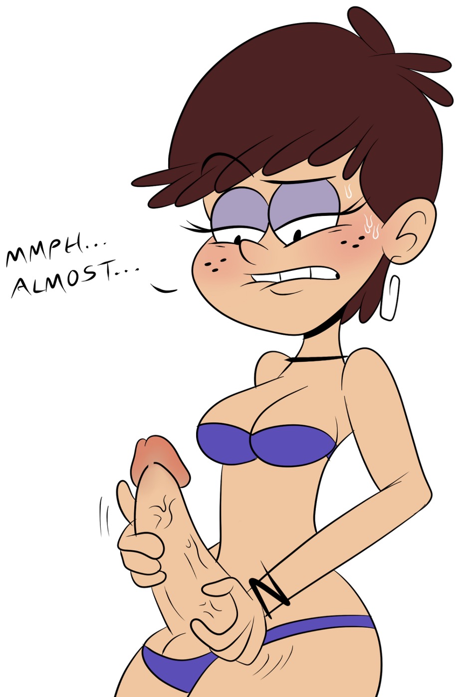 1futa, aged up, blush, brown hair, cleavage, dickgirl, futa only, futanari, huge cock, imminent orgasm, intersex, luna loud, masturbation, penis, purple bra, purple panties, scobionicle99, short hair, solo, solo futa, straight hair, stroking penis, sweat, sweating, text, the loud house
