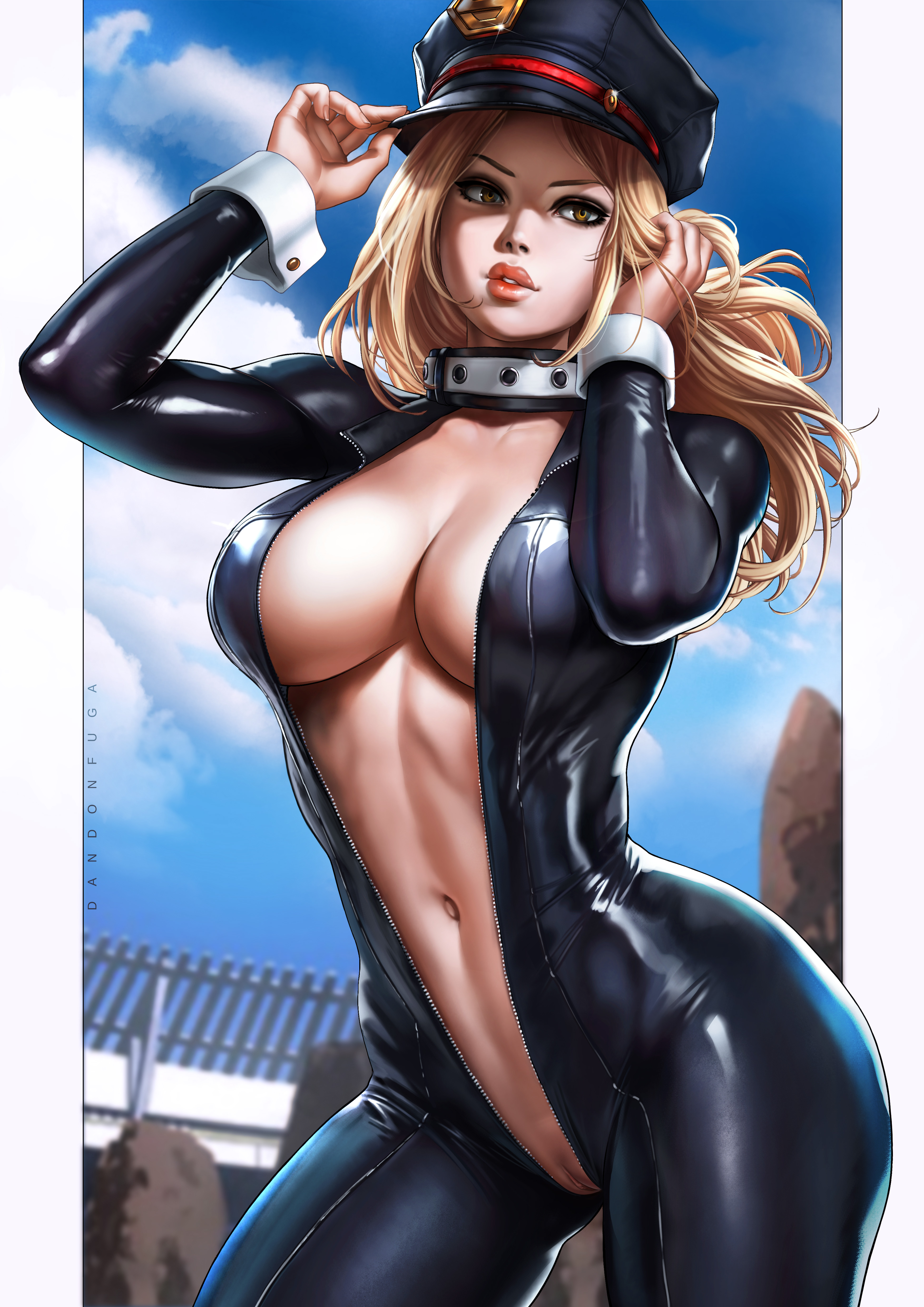 1girls, big breasts, black bodysuit, blonde hair, blonde-haired female, bodysuit, breasts, brown eyes, camie utsushimi, cleavage, dandon fuga, female, female only, hat, hero outfit (mha), human, large breasts, latex, latex suit, light skin, light-skinned female, long hair, looking at viewer, my hero academia, navel, open clothes, peaked cap, pinup, pussy, shiketsu high school cap, solo, underboob, unzipped, unzipped bodysuit, wrist cuffs
