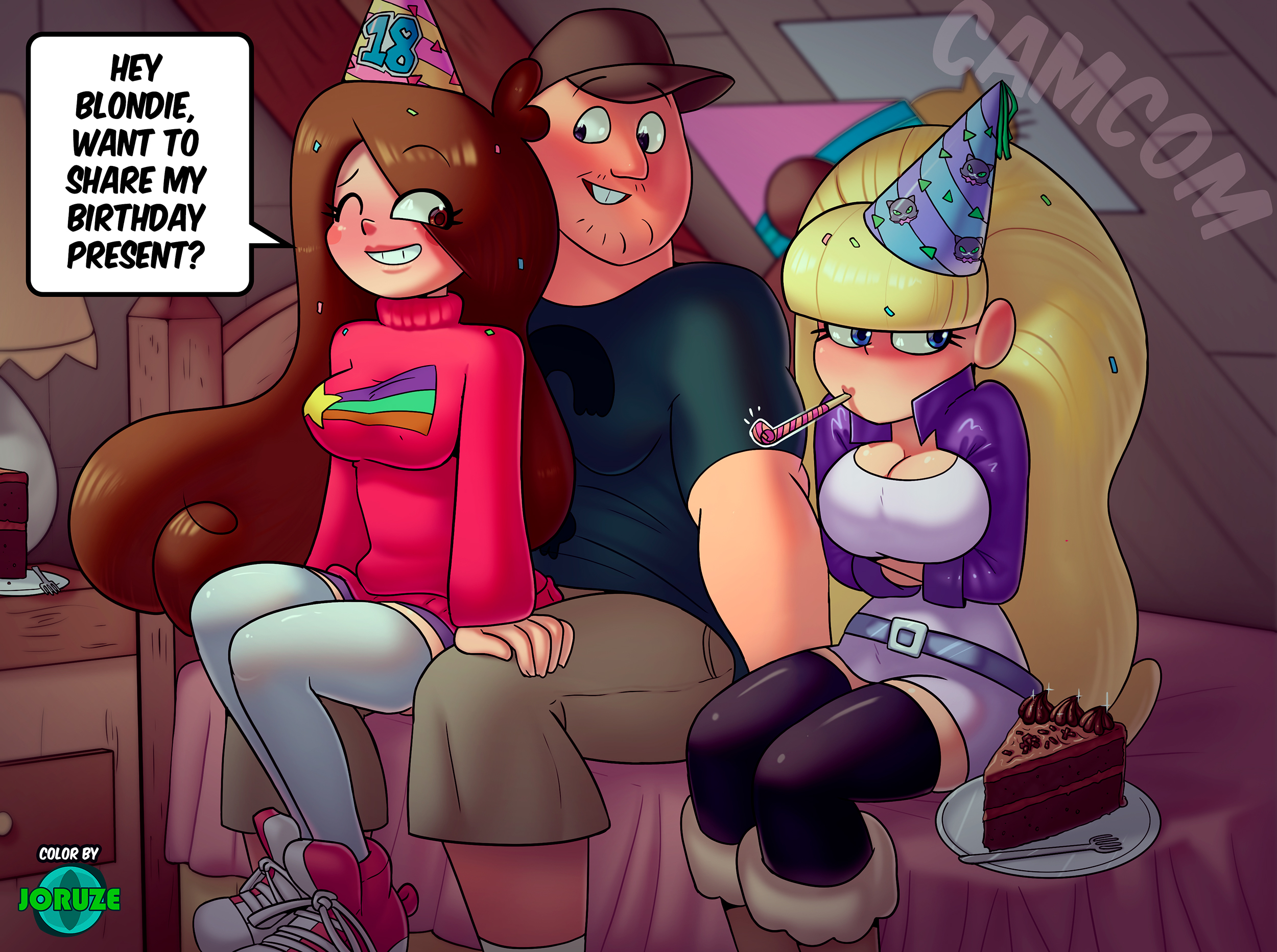 2girls, aged up, big breasts, birthday, breasts, camcom, cleavage, clothed, female, gravity falls, joruze, large breasts, mabel pines, male, not porn, pacifica northwest, revealing clothes, soos ramirez, thick thighs