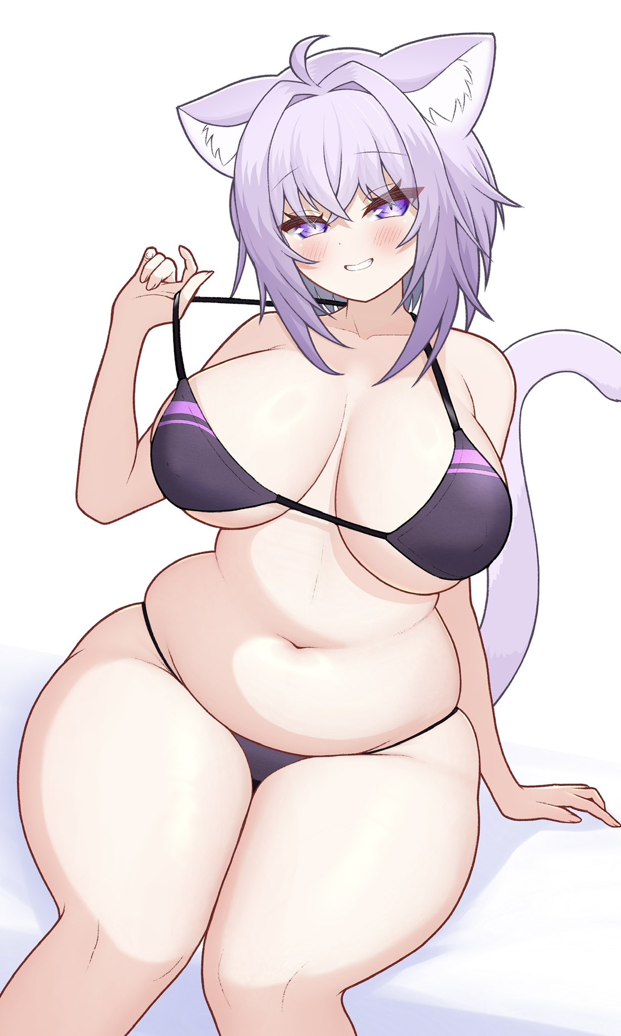arm_at_side arm_support belly bikini blush chubby curvy grin hololive huge_breasts mochigome_(mochigomemcmc) nekomata_okayu plump pulling_bikini_string sitting slender_waist smile thick_thighs virtual_youtuber voluptuous wide_hips