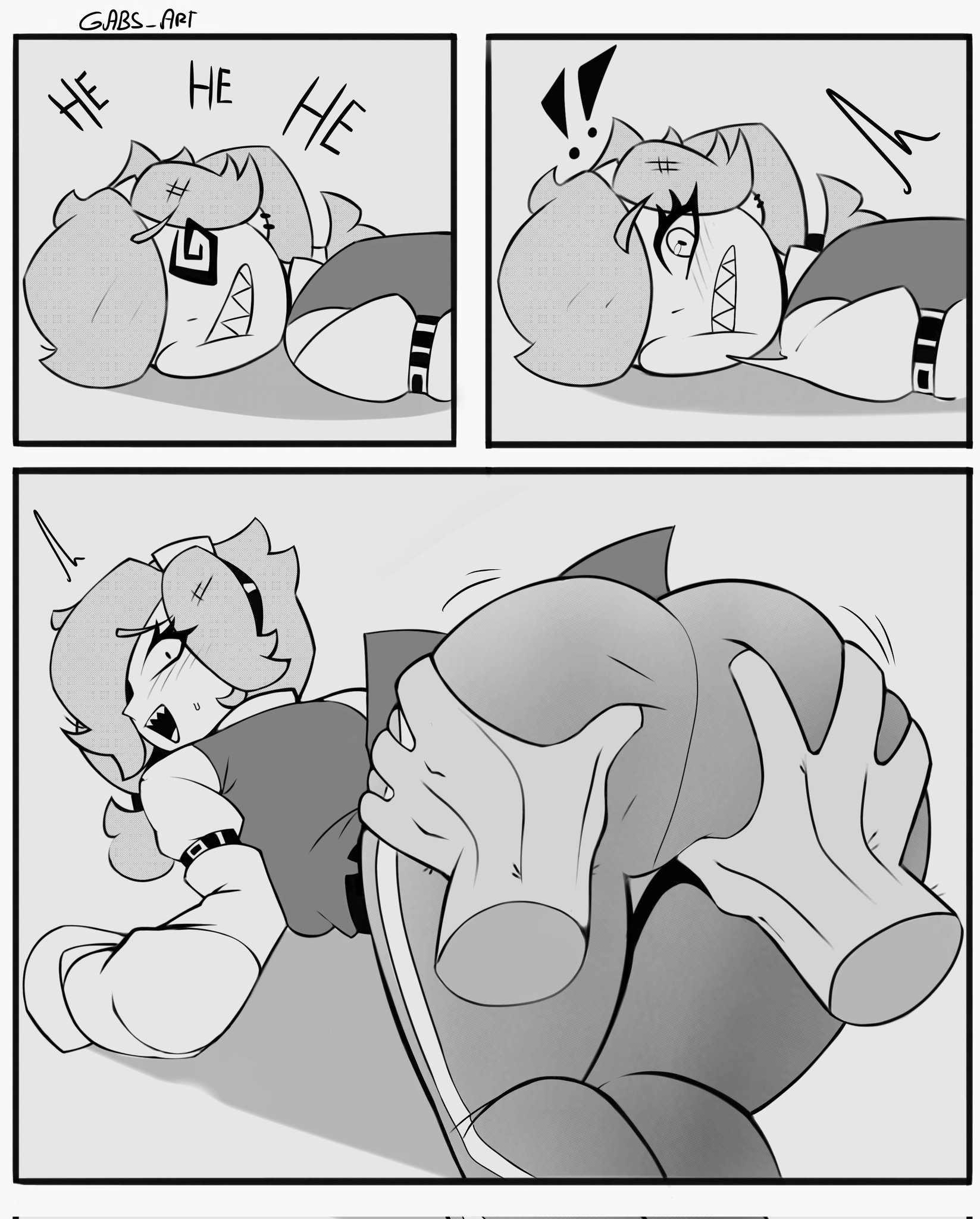 1boy, 1girls, blush, brawl stars, colette (brawl stars), comic, comic page, dizzy, dizzy eyes, female, gabri art, laughing, male, sexy pose, sharp teeth, shocked, shocked look, spike (brawl stars), supercell, touching ass