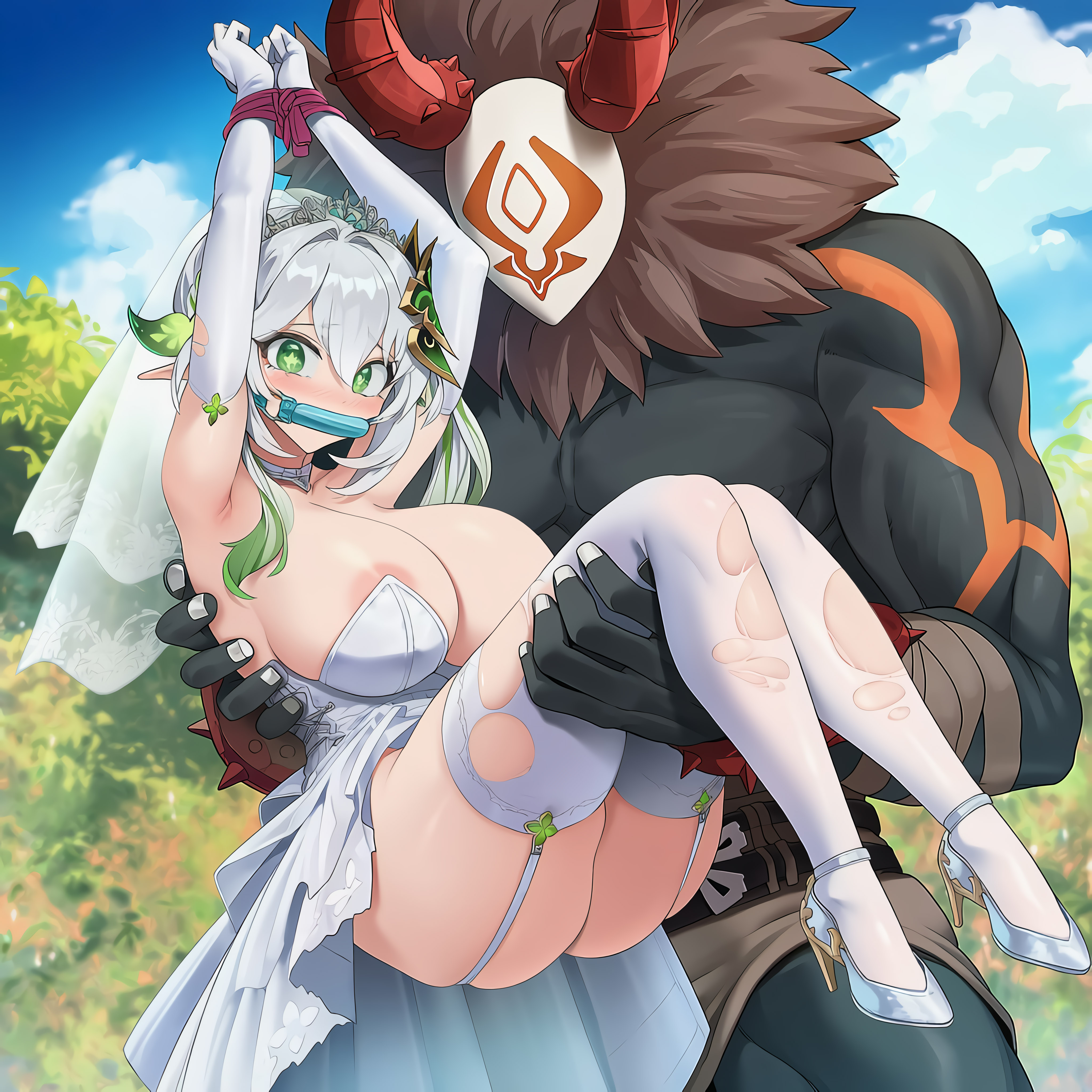 1boy, 1girls, aged up, ai generated, alternate breast size, areola slip, bondage, bound, breasts, bride, captured, carrying another, cloud, day, defeated, depressu, dress, female, forced marriage, gag, gagged, garter straps, genshin impact, gloves, green eyes, high heels, hilichurls (species), improvised gag, large breasts, long hair, male, mask, nahida (genshin impact), outdoors, princess carry, restrained, sky, straight, thick thighs, thighhighs, tiara, torn clothes, torn dress, torn legwear, veil, wedding dress, white dress, white footwear, white gloves, white legwear