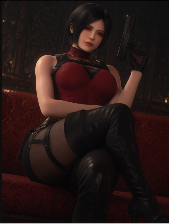 1girls 3d ai_generated black_hair capcom couch crossed_legs female_only female_solo holding_gun holding_object resident_evil_4 resident_evil_4_remake short_hair soldier solo