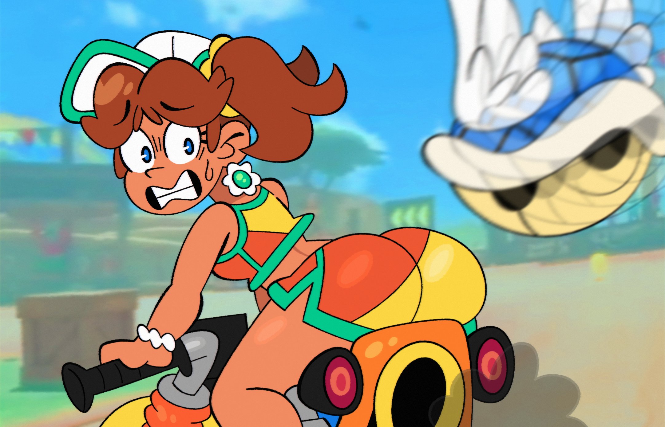 1girls, ass, big butt, billspooks, blue shell, bubble ass, bubble butt, female, gadzooks, huge butt, large butt, mario (series), mario kart, mario kart world, nervous, nintendo, panicking, princess daisy, princess daisy (swimwear), sweatdrop, tagme, tan skin, tan-skinned female, thick ass