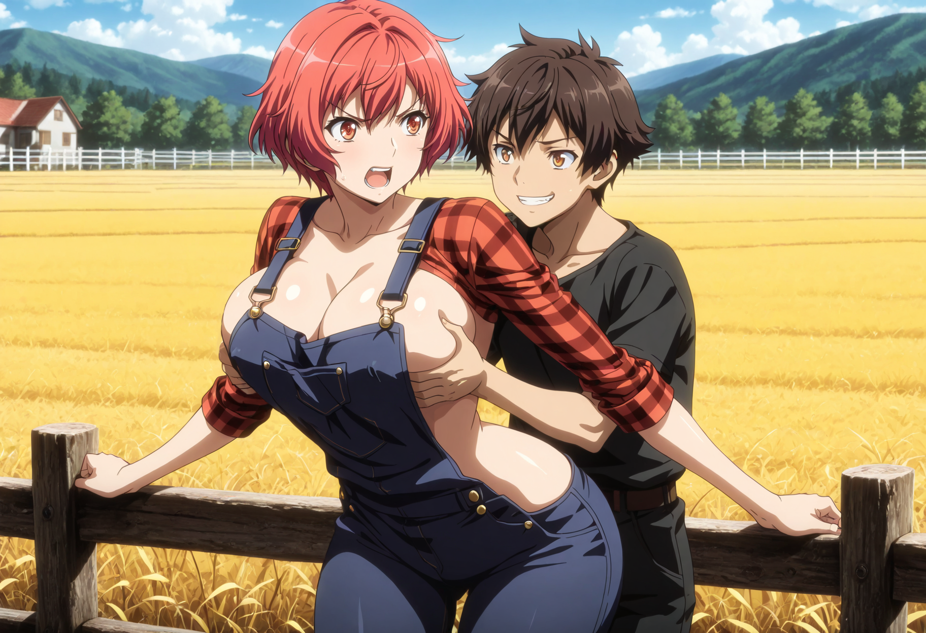 ai generated, angry, big breasts, breasts, cheating, cheating wife, farm, farmgirl, grabbing another's breast, kuroinu ~kedakaki seijo wa hakudaku ni somaru~, maia (kuroinu), male, ntr, raped, red hair, short hair, touching breast, wife, young, younger male, younger penetrating older