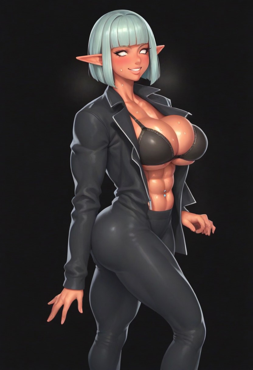 abs ai_generated athletic athletic_female big_ass big_breasts big_butt big_titties bimbo bimbo_body bimbo_lips black_coat bob_cut bra bubble_ass bubble_butt cleavage dark-skinned_female elana_eyrt(oc) female fit_female glowing_eyes light_blue_hair long_coat muscles muscular muscular_female navel_piercing oc original_character pointy_ears standing tagme tight_clothes tight_clothing tight_pants white_eyes