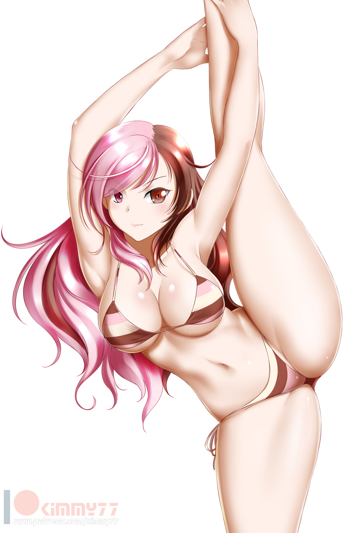 1girls, big breasts, bikini, breasts, cleavage, female, female only, flexible, kimmy77, large breasts, looking at viewer, multicolored bikini, multicolored hair, neo (rwby), rwby, solo, spread legs, standing split, stretching, swimsuit, two-tone hair, white background