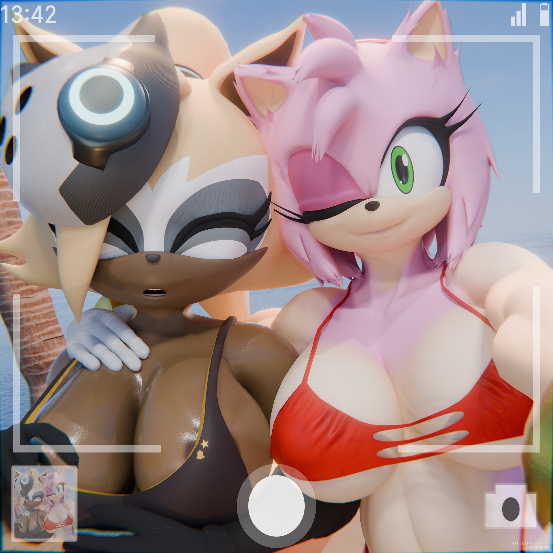 3d, 3d (artwork), 3d model, amy rose, amy rose (reivene3d), areola slip, areolae slip, badelynge3d, beach, big boobies, big breasts, big titties, black bikini, breasts, busty, closed eyes, closed smile, dark areola, dark-skinned female, eyelashes, green eyes, hand under breasts, hedgehog ears, hedgehog girl, hedgehog humanoid, idw publishing, mask, pink fur, pink hair, ponytail, red bikini, reivene3d, sega, selfie, shiny skin, sonic (series), sonic the hedgehog (idw), sonic the hedgehog (series), tight clothing, whisper the wolf, whisper the wolf (badelynge3d), winking, wolf ears, wolf girl
