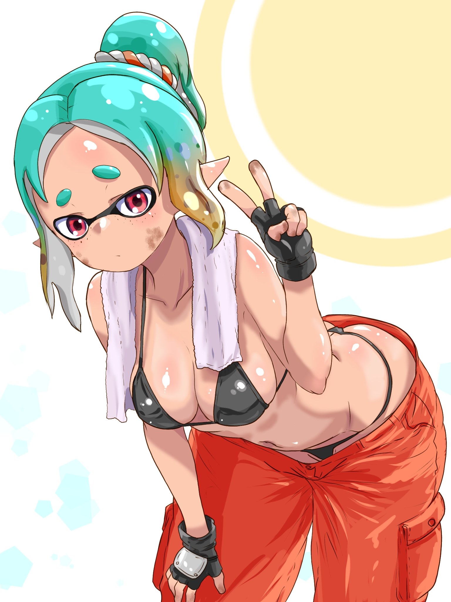 1girls, bending forward, bending over, black bra, black panties, female, female focus, inkling, inkling girl, light skin, light-skinned female, mechanic (splatoon raiders), nintendo, open fly, solo, solo female, solo focus, splatoon, splatoon (series), splatoon raiders, t2ukmyjm, twitter link