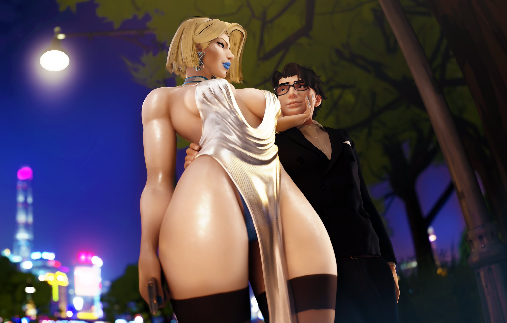 1boy, 1girls, 3d, age difference, ass, bare shoulders, bare thighs, below view, big ass, big breasts, big thighs, blonde eyebrows, blonde female, blonde hair, blue eyes, blue lipstick, blue panties, bob cut, breasts, bust, busty, chest, choker, city, city background, closed mouth, curvaceous, curvy, curvy figure, detailed background, dinoboy555, dress, earrings, emma frost, emma frost (marvel rivals), eyebrows, eyelashes, female, front view, grabbing face, hair behind ear, hand on chin, hand on waist, height difference, hellfire club, hips, hourglass figure, huge ass, huge thighs, large ass, large breasts, large thighs, legs, legwear, light skin, light-skinned female, light-skinned male, looking aside, looking at partner, low-angle view, male, male/female, marvel, marvel comics, marvel rivals, mature, mature female, mature male, medium hair, milf, mutant, mutant (marvel), night sky, no bra, older female, older female and younger male, panties, peter parker, side view, silver clothing, silver dress, sky, slim waist, small waist, spider-man, spider-man (marvel rivals), spider-man (series), straight, tall female, taller female, thick, thick hips, thick legs, thick lips, thick thighs, thighhighs, thighs, thin waist, viewed from below, viewed from front, viewed from side, voluptuous, waist, white queen, wide hips, wide thighs, x-men, younger male