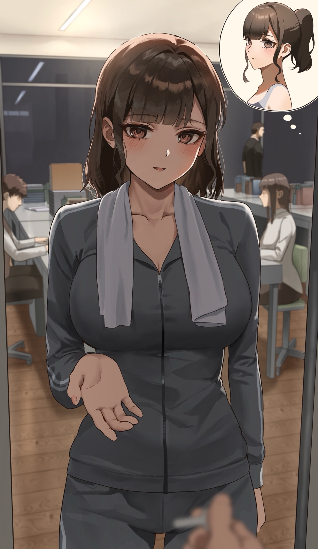 1boy, 1girls, 2023, anteiru, anteiru3939, big breasts, blush, breasts, brown eyes, brown hair, coach, female, female human, fit female, fujisaki honami, hair down, hourglass figure, human, large breasts, light skin, light-skinned female, male, mature female, office, original, pov, pov eye contact, slim waist, smile, teacher, teacher and student, track jacket, track suit, wide hips