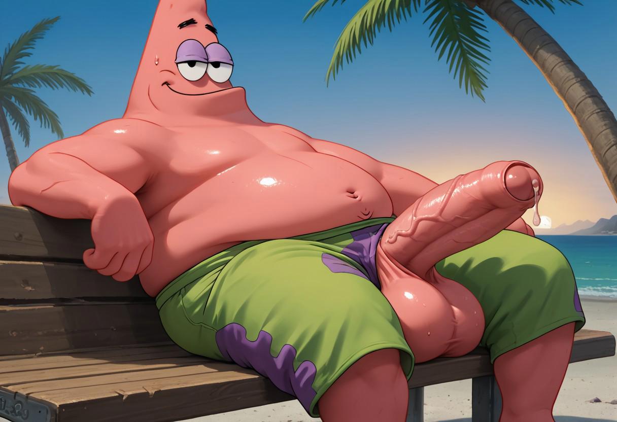 1boy ai_generated anthro balls beach belly bench big_penis blue_sky clothing coconut_tree cum cumdrip echinoderm enormous_penis erection fat fat_belly fat_male gigantic_penis green_shorts huge_cock humanoid_genitalia humanoid_penis large_penis looking_at_viewer male male_only marine massive_penis nickelodeon nickelodeon_animation_studio obese obese_anthro obese_male outdoors overweight overweight_anthro overweight_male patrick_star penis penis_out pink_body shorts sitting sitting_on_bench smiling smiling_at_viewer spongebob_squarepants starfish testicles thick_penis tree united_plankton_pictures