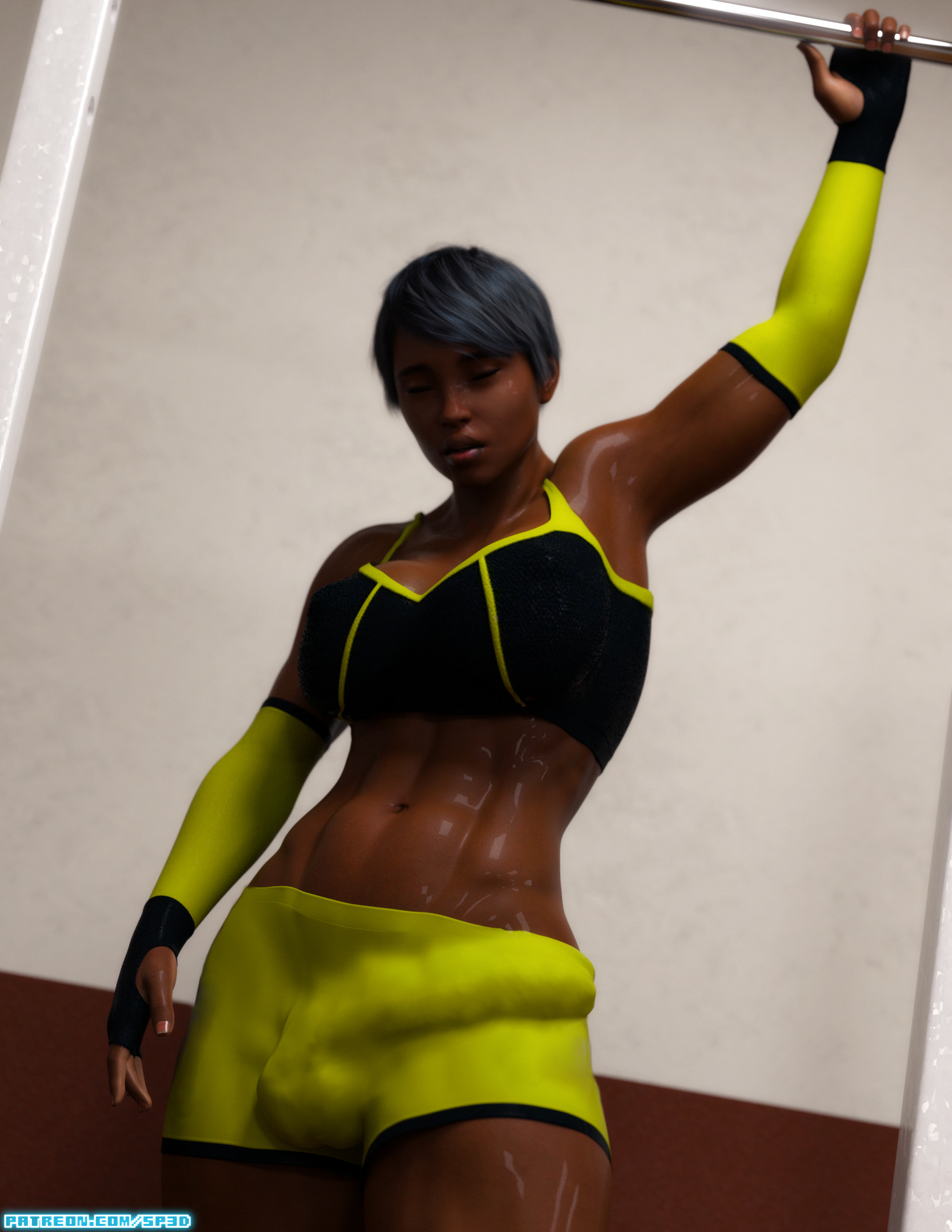 1futa, 3d, abs, athletic, balls, balls bulge, balls in panties, breasts, brown skin, bulge, cameltail, cleavage, closed eyes, clothed, curvy, dark skin, dark-skinned futa, dickgirl, erection, erection under clothes, fingerless gloves, futa only, futanari, highres, huge penis, intersex, large breasts, midriff, muscular, muscular futa, panties, panty bulge, patreon, penis, penis bulge, penis in panties, penis under clothes, realistic, simone (squarepeg3d), squarepeg3d, sweat, url