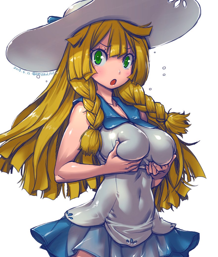 1girls 2018 alternate_breast_size amania_orz armpits belly big_breasts big_eyes blonde_hair blush braids breast_grab breasts dated embarrassed eye_contact female female_only green_eyes hat holding light_skin lillie_(pokemon) long_hair looking_at_viewer navel nintendo open_mouth panties pokemon pokemon_sm shirt skirt solo text underwear watermark white_background white_panties white_underwear