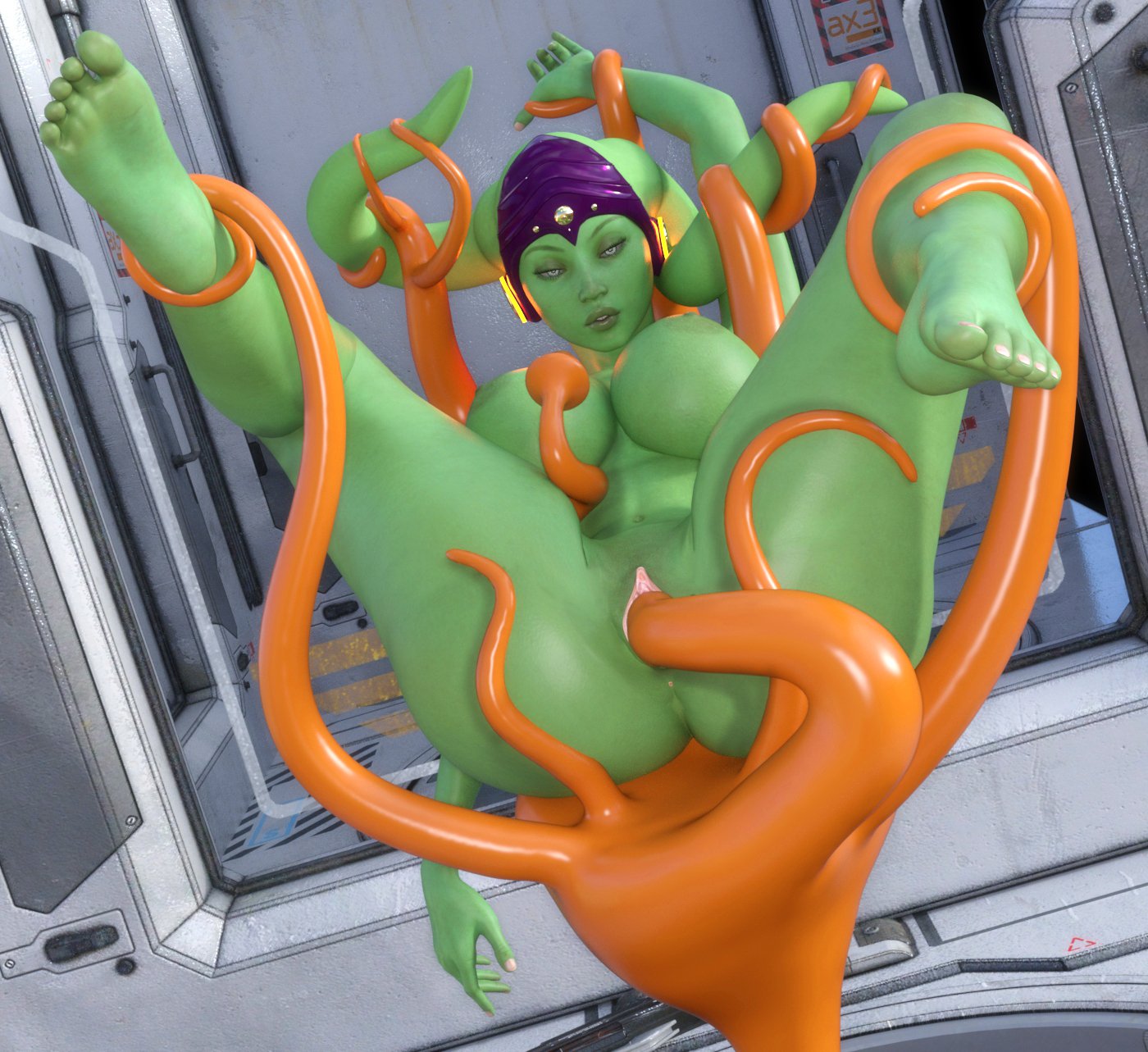 1girls, 3d, alien, alien girl, artist name, bald, bare shoulders, barefoot, big breasts, bimbo, bound, bound arms, bound legs, breasts, busty, cleavage, curvy, detailed background, erect nipple, erect nipples, evolluisionist, eyelashes, eyeshadow, female, female only, front view, green skin, headgear, hourglass figure, humanoid, indoor, inside, leg lift, leg up, lekku, looking at viewer, mammal, naked, nipples, nude, original character, pose, posing, pussy, shaved pussy, shiny, shiny skin, solo, star wars, tentacle, tentacle on female, tentacle sex, twi'lek, vaginal penetration, voluptuous, wide hips