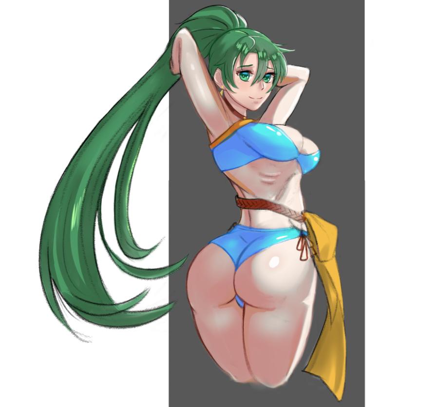 1girls, ass, breasts, female, fire emblem, fire emblem heroes, fire emblem: the blazing blade, green eyes, green hair, jstyleartz, long hair, looking at viewer, looking back, lyn (fire emblem), lyndis (fire emblem), smile, solo, solo female, solo focus, summer