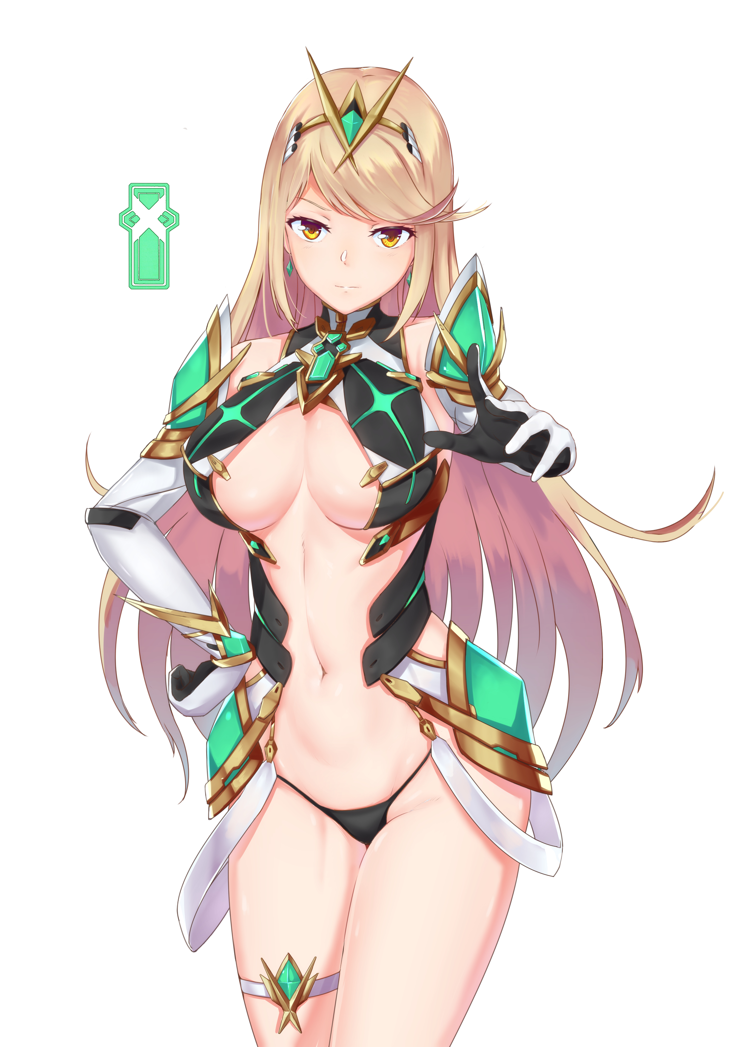 absurdres, armor, bangs, bare shoulders, black panties, blonde hair, breasts, closed mouth, elbow gloves, female, gem, gloves, hair ornament, headpiece, highres, jewelry, large breasts, long hair, looking at viewer, mythra (xenoblade), navel, nintendo, panties, pointing, pointing at viewer, shoulder armor, sideboob, solo, swept bangs, thigh strap, thighs, thong, thong panties, tiara, underwear, very long hair, xenoblade (series), xenoblade chronicles 2, yellow eyes