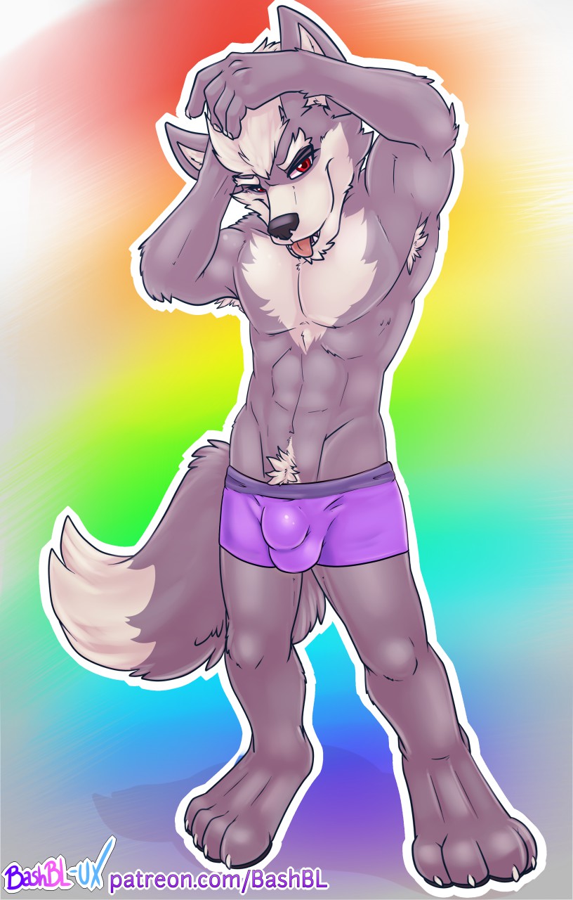 1boy 4_toes armpit_hair bashbl-ux boxers_(clothing) bulge canid canine canis clothing hi_res looking_at_viewer male male_only mammal navel nintendo no_humans pecs pubes purple_underwear simple_background solo star_fox toes underwear video_games wolf wolf_o'donnell