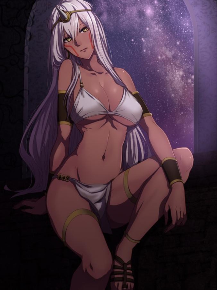 1girls anklet armlet battle_tendency bikini breasts curvy dark-skinned_female dark_skin facial_markings female gold_eyes horn humanoid jojo's_bizarre_adventure large_breasts loincloth long_hair pillar_men pillar_woman shounen_jump sitting solo thighs toned u_rei_3 white_hair yellow_eyes