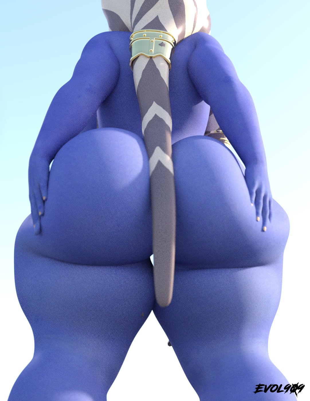 1girls, 3d, adehla tabrin, alien, alien girl, artist name, ass, ass crack, back view, bare shoulders, big ass, big breasts, big butt, bimbo, blue skin, breasts, busty, butt crack, curvy, evolluisionist, eyelashes, female, female only, hourglass figure, huge ass, humanoid, jewelry, lekku, mammal, marking, naked, nude, original character, pose, posing, rear view, sideboob, solo, standing, star wars, thick thighs, togruta, voluptuous, wide hips
