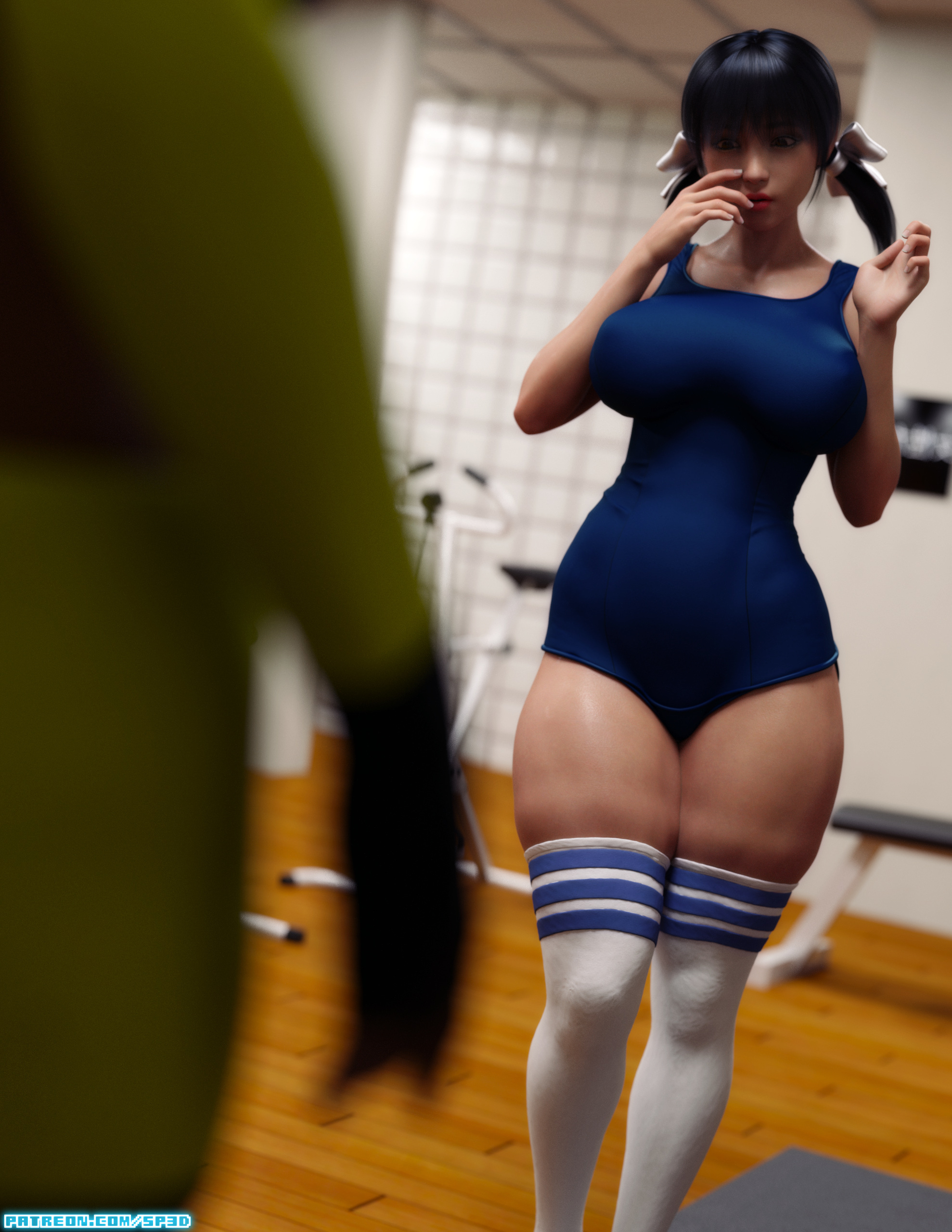 1girls, 3d, big breasts, black hair, blurry foreground, breasts, clothed, curvy, female, highres, himari (squarepeg3d), one-piece swimsuit, patreon, squarepeg3d, standing, stockings, thick thighs, url, wide hips