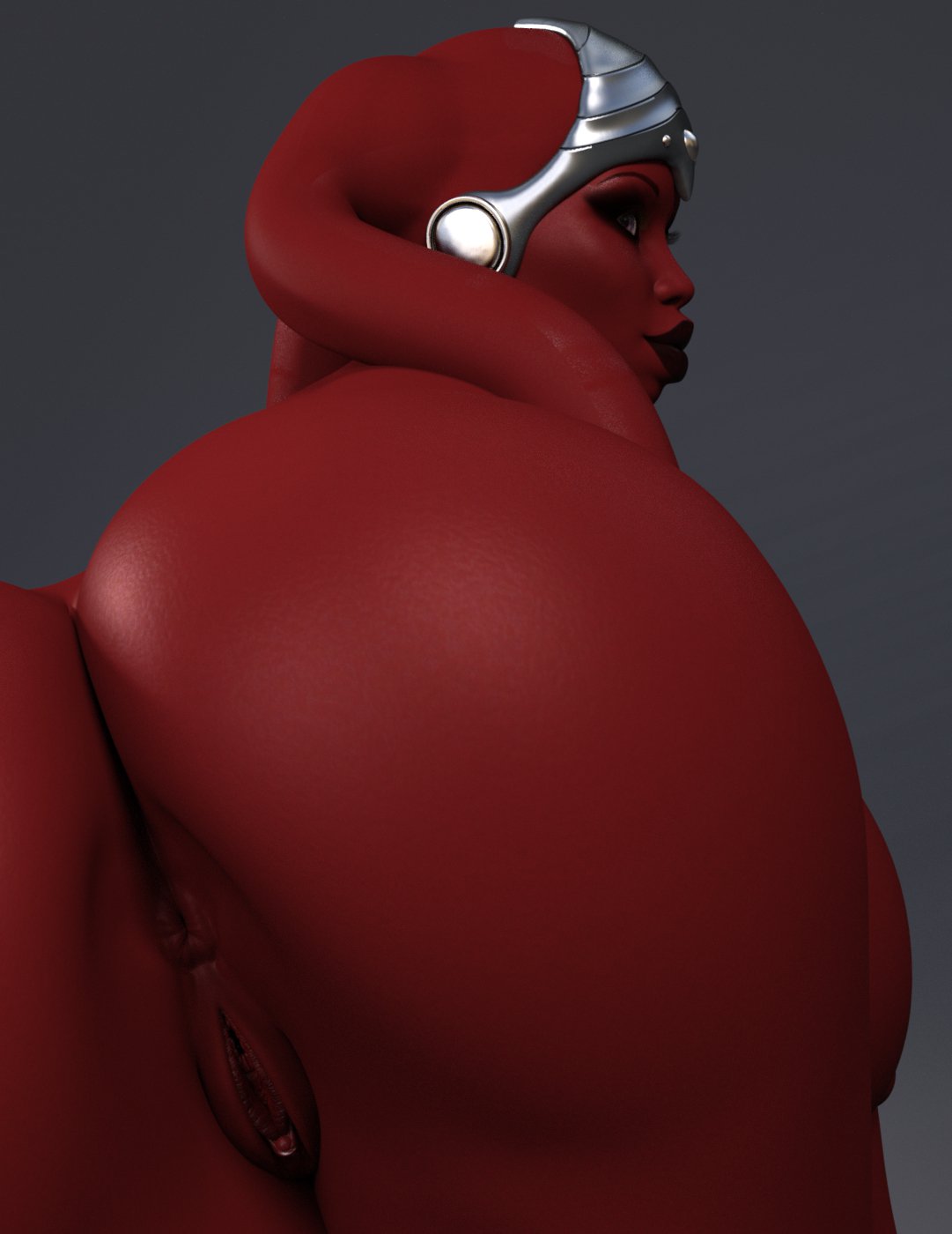 1girls, 3d, alien, alien girl, ass, ass crack, back view, bald, big ass, big butt, bimbo, breasts, busty, butt crack, curvy, evolluisionist, eyelashes, female, female only, front view, headgear, humanoid, lekku, looking at viewer, looking back, mammal, original character, pose, posing, purple eyes, pussy, red skin, shiny, shiny skin, simple background, solo, standing, star wars, thick lips, twi'lek, vagina, voluptuous