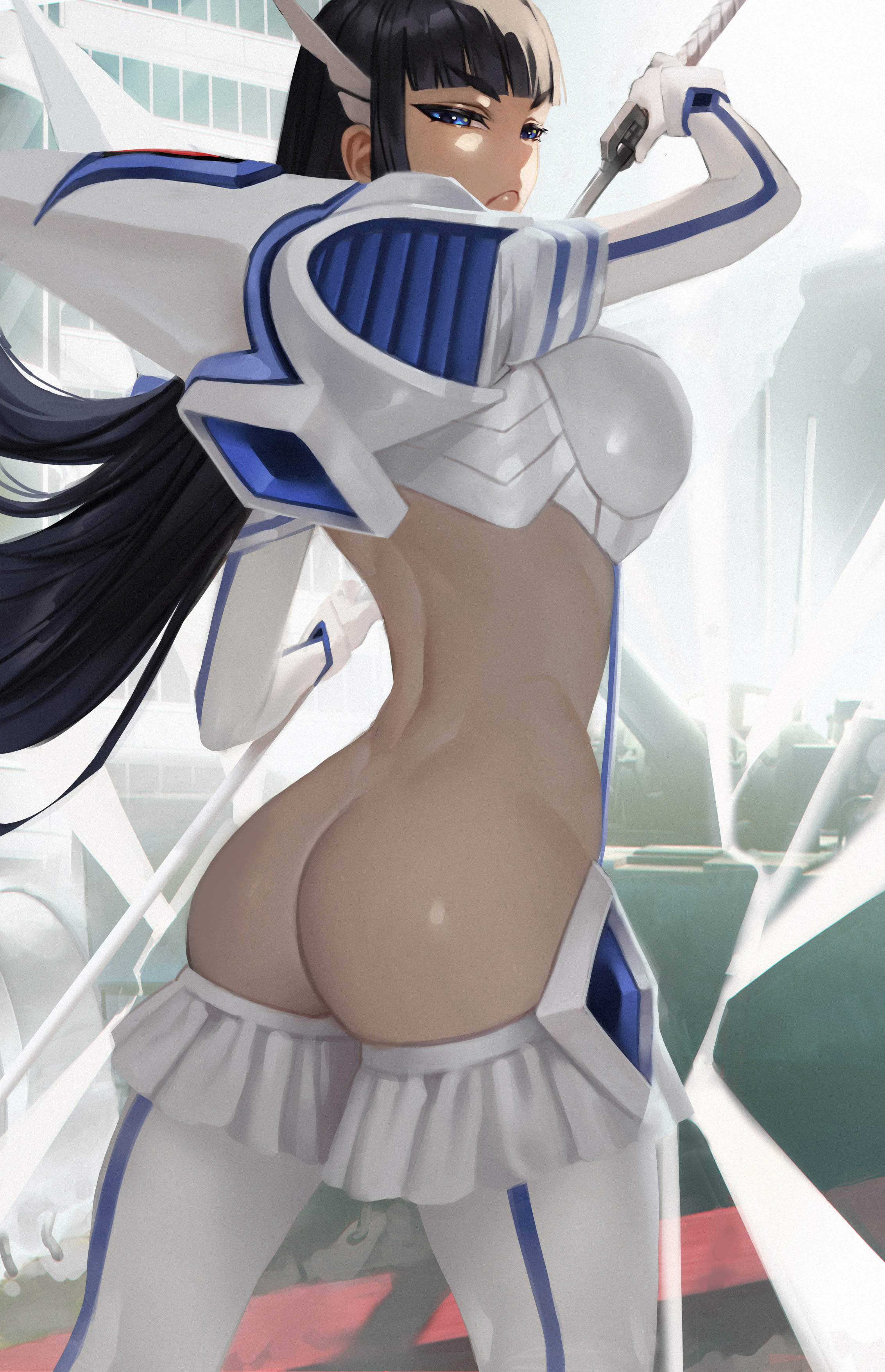 1girls, ass, big ass, big breasts, black hair, blue eyes, breasts, female, female only, junketsu, kill la kill, kiryuuin satsuki, light skin, long hair, revealing clothes, solo, solo female, spiralnoww, standing, sword, thick thighs, thighs