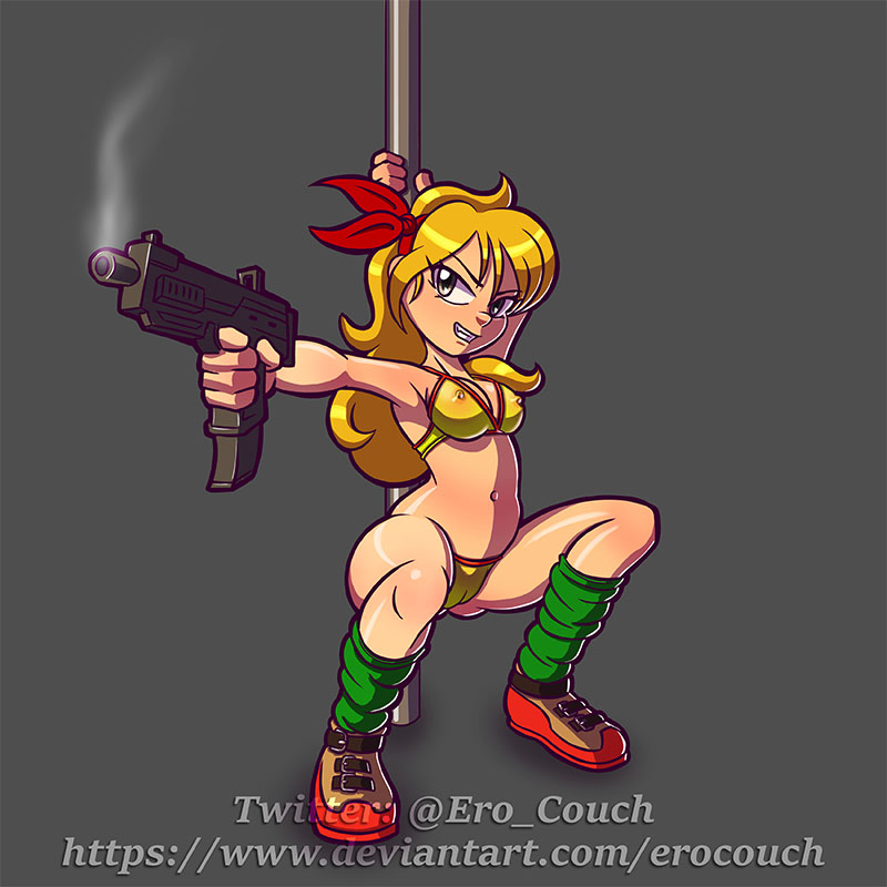 1girls bad_launch bandana bikini blonde_hair cameltoe cleavage dragon_ball erocouch female gun launch leg_warmers nipple_bulge see-through_bra solo stripper stripper_pole submachine_gun teenager uzi weapon