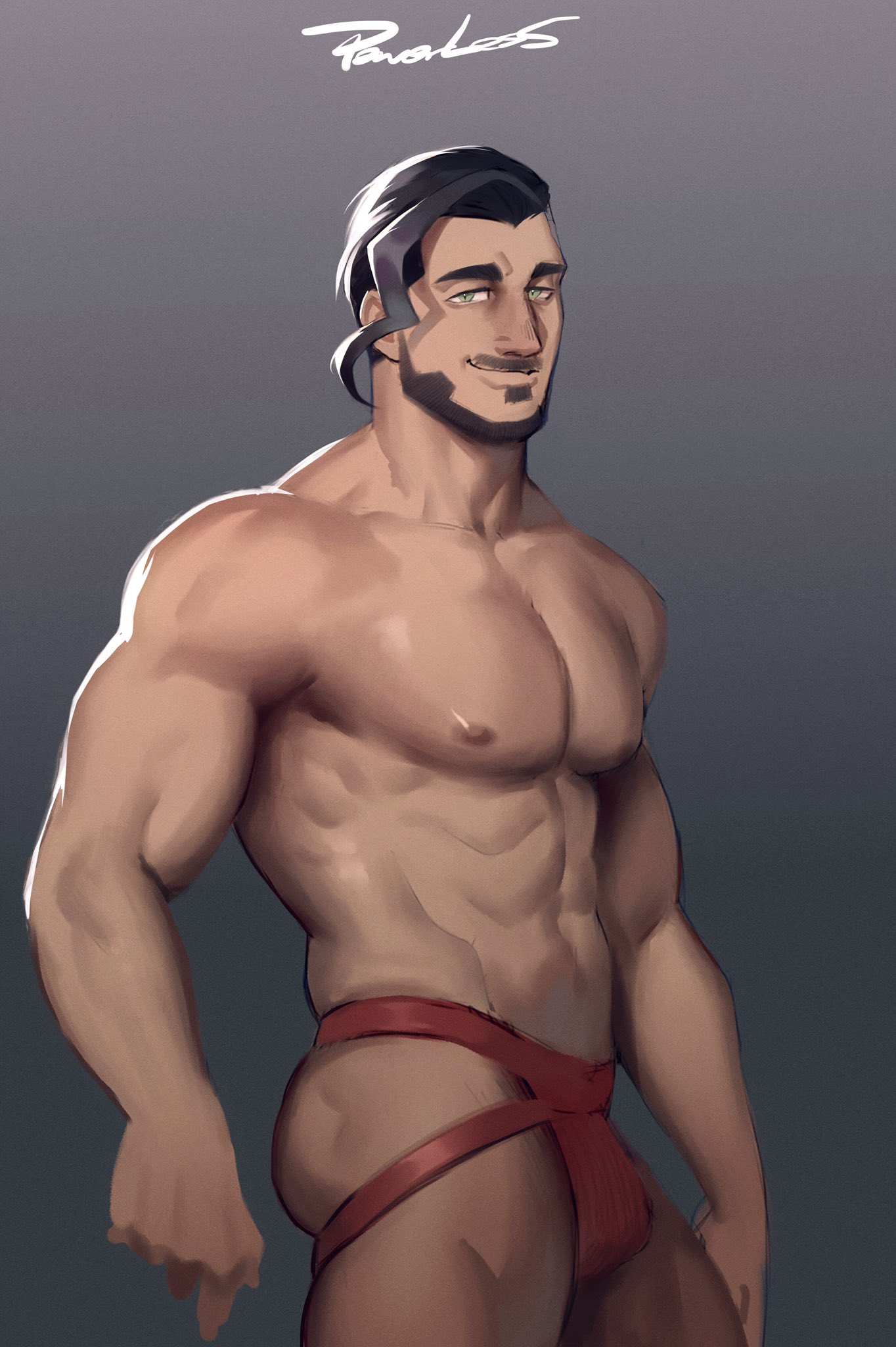 beard, chairman rose, erection, facial hair, jockstrap, male, male only, penis, pokemon, pokemon ss, powerless (artist)