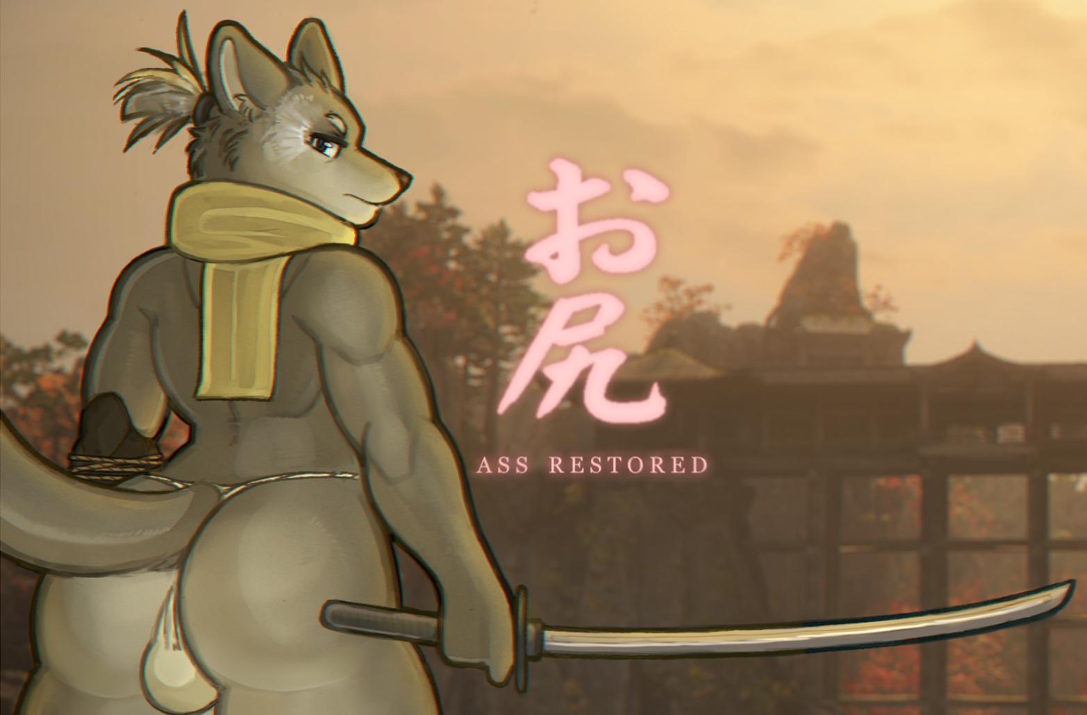 2019 anthro ass backsack balls better_version_at_source big_butt canid canine canis clothing english_text fromsoftware fur grey_fur looking_at_viewer looking_back male male_only mammal melee_weapon pkaocko ponytail prosthetic rear_view scarf sekiro sekiro:_shadows_die_twice sekiro_wolf solo sword text thick_thighs underwear video_games weapon white_balls wolf