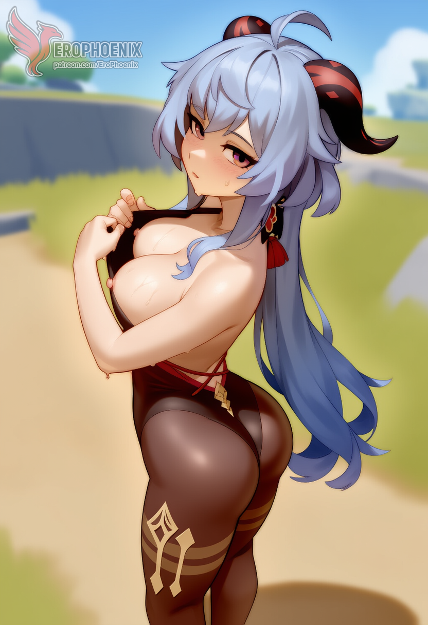 1girls 2d ai_generated ass big_ass breasts erophoenix female female_focus full_body ganyu_(genshin_impact) genshin_impact horns long_hair looking_at_viewer medium_breasts nipples pantyhose patreon_username silver_hair solo solo_female sweat thick thick_thighs uncensored undressing