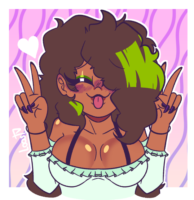 1girls 2d 2d_(artwork) 2d_artwork background big_breasts breasts brown_hair cleavage closed_eyes clothed color dark-skinned_female dark_skin female female_focus female_only hair_over_one_eye happy lacey_(lustree) lustree peace_sign tongue tongue_out twitter_user_oc