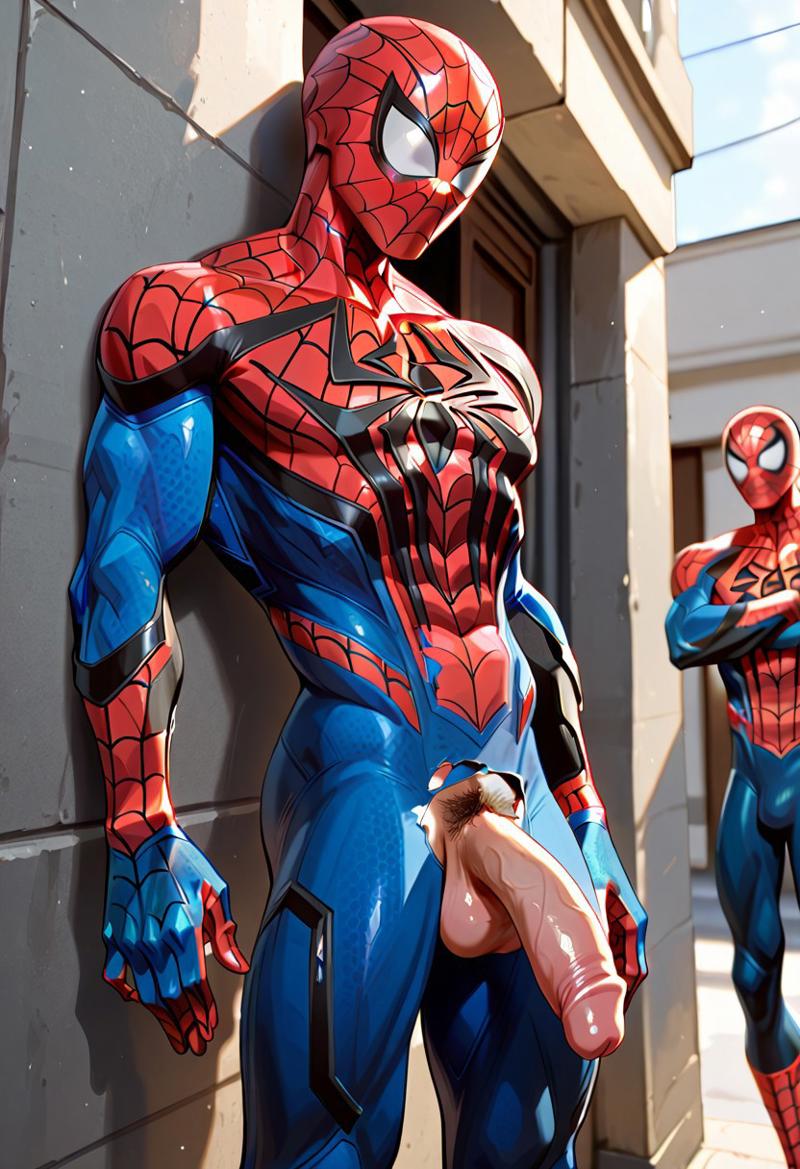 ai generated, ass, balls, biceps, big balls, big penis, bodysuit, erection, gay, looking at viewer, male, male only, marvel, marvel comics, marvel rivals, mask, masked male, muscular, muscular male, penis, post-nut clarity, pubic hair, spider-man, spider-man (marvel rivals), spider-man (series), toned body, toned male, torn bodysuit, twall97