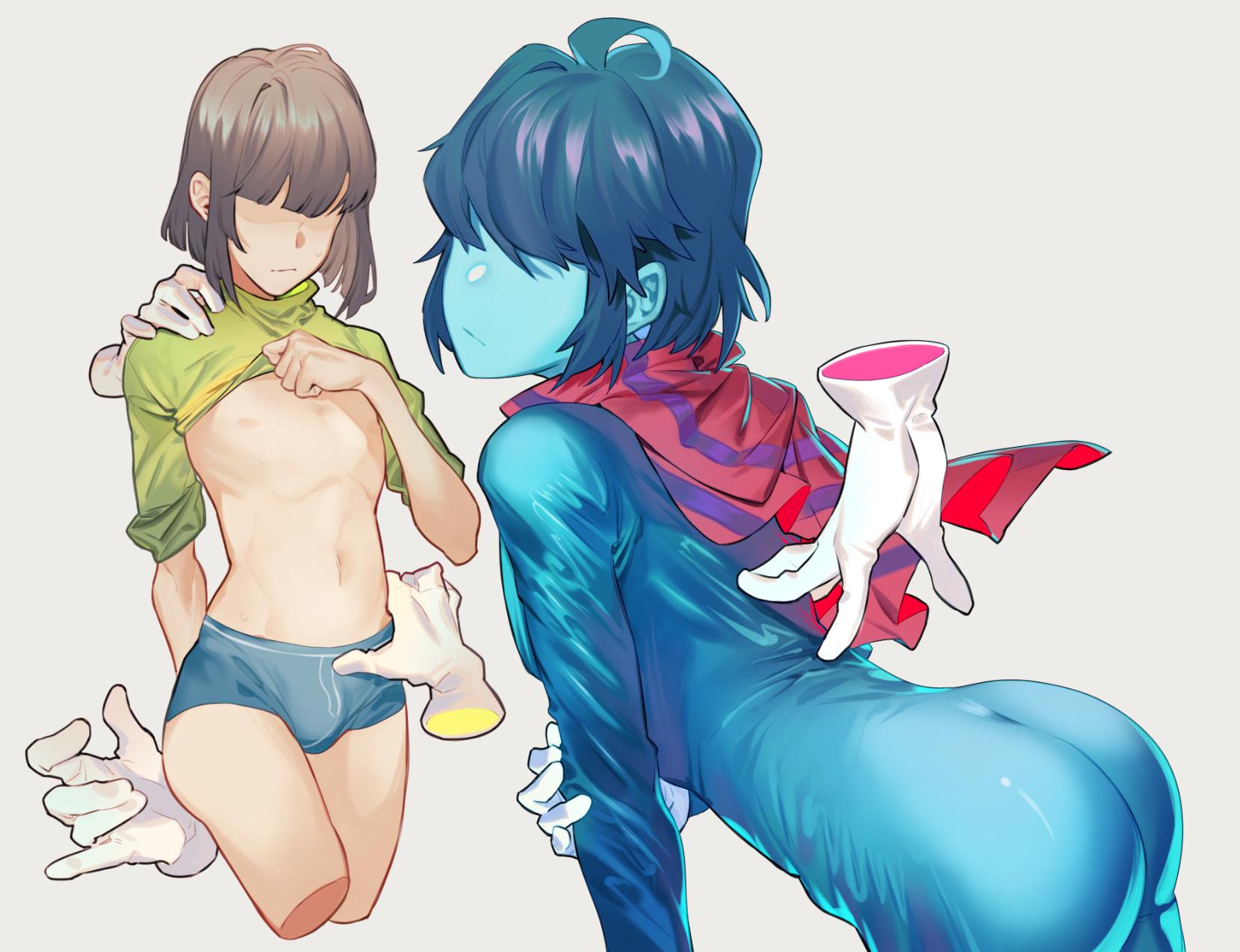 ass, bodysuit, bulge, deltarune, disembodied hands, kris (deltarune), male, male only, mizuyo, scarf, tight clothing, undertale, underwear