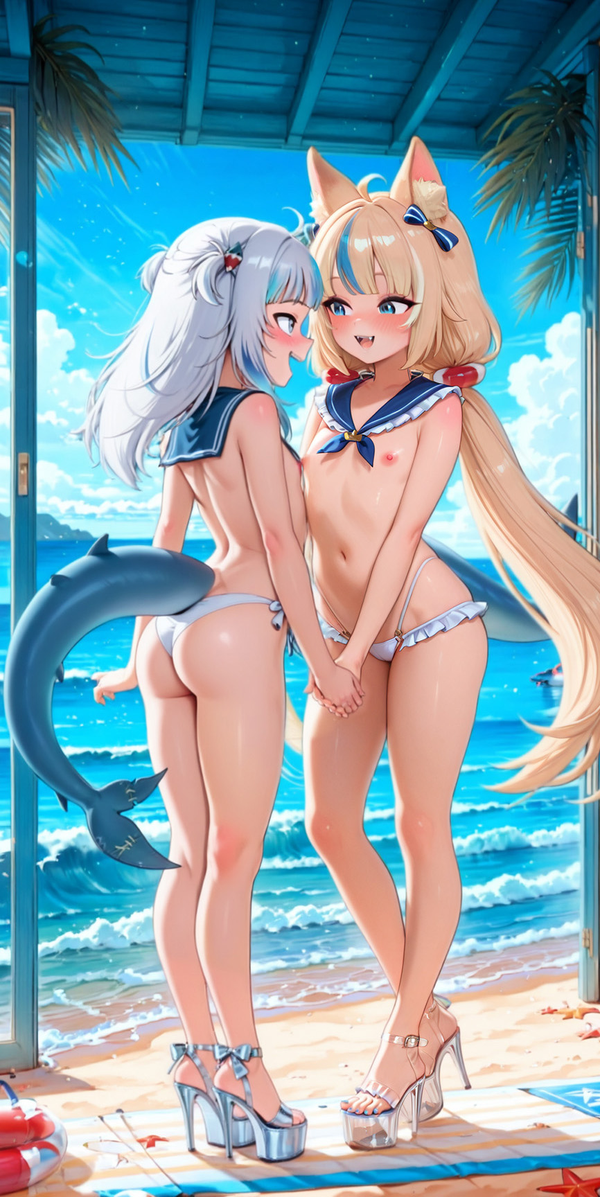 2girls, ai assisted, ai generated, ass, ass focus, beach, belly button, blush, breasts, bubble ass, bubble butt, eye contact, feet, female, female/female, flat chest, gawr gura, handholding, high heels, hololive, hololive english, hololive myth, navel, painted toenails, panties, platform heels, sailor collar, same character, sameko saba, shark tail, thong, topless, towel, virtual youtuber, vtuber, yuri
