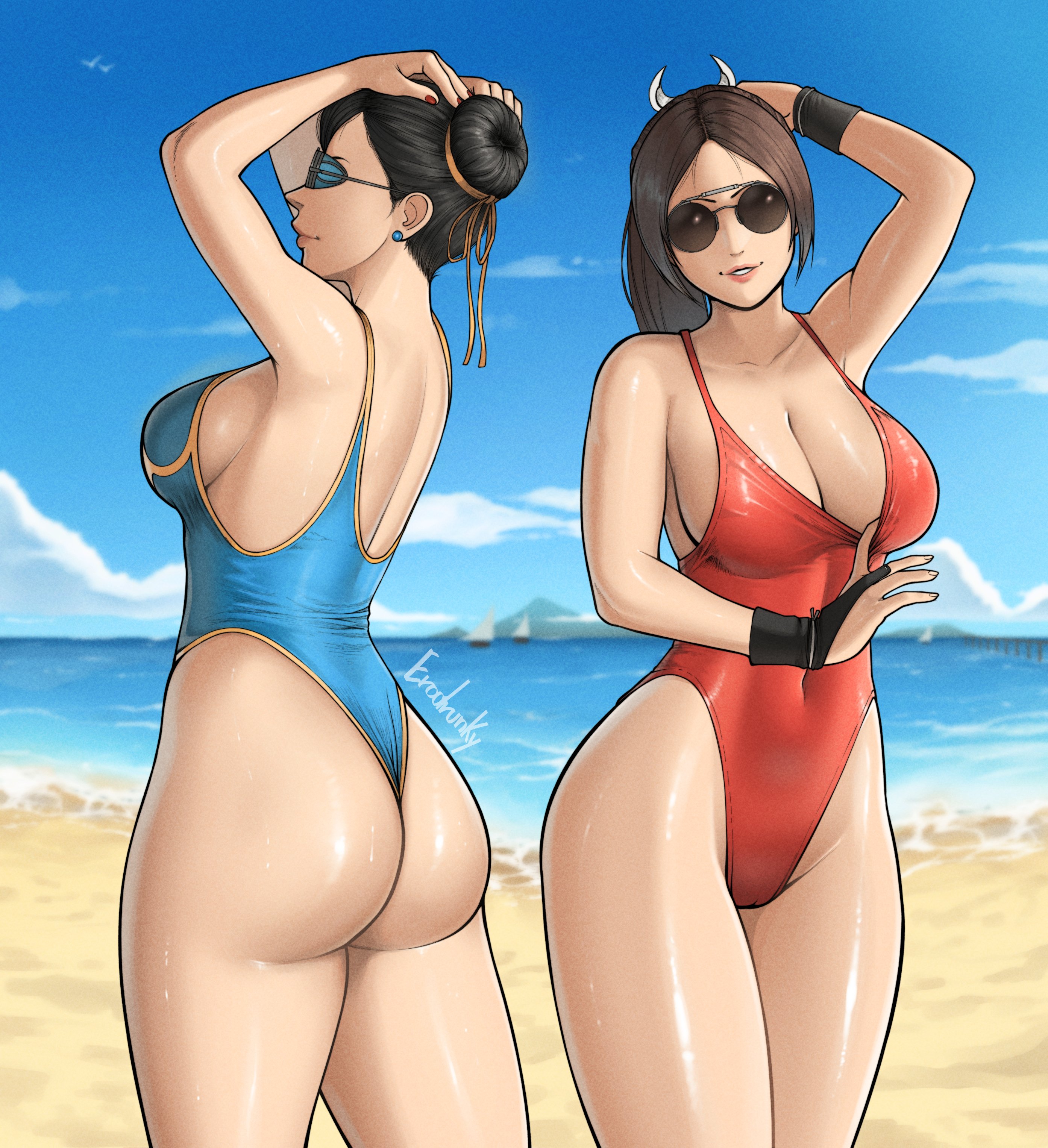 2025, 2d, 2d (artwork), 2girls, absurd res, absurdres, armwear, artist name, asian female, ass, bare arms, bare legs, bare shoulders, bare thighs, beach, big ass, big breasts, big butt, black gloves, black hair, blue swimsuit, breasts, brown eyes, brown hair, busty, butt, cameltoe, capcom, capcom vs snk, chinese female, chun-li, cleavage, crossover, ear piercing, ear ring, earrings, erodrunky, fatal fury, fatal fury: city of the wolves, female, female focus, female only, fingerless gloves, hair bun, hair ribbon, hi res, high resolution, highres, japanese female, jewelry, king of fighters, kof, large ass, large breasts, light skin, light-skinned female, lips, lipstick, mai shiranui, makeup, nail polish, ocean, one-piece swimsuit, outdoors, outside, paag, painted nails, pale skin, pale-skinned female, perky breasts, pink lips, pink lipstick, pose, posing, presenting ass, presenting butt, questionable, red nail polish, red nails, red swimsuit, ribbon, sideboob, snk, snk vs capcom, standing, street fighter, street fighter 6, sunglasses, sweat, sweatdrop, sweating, sweaty, sweaty body, swimsuit, the king of fighters, tied hair, very high resolution